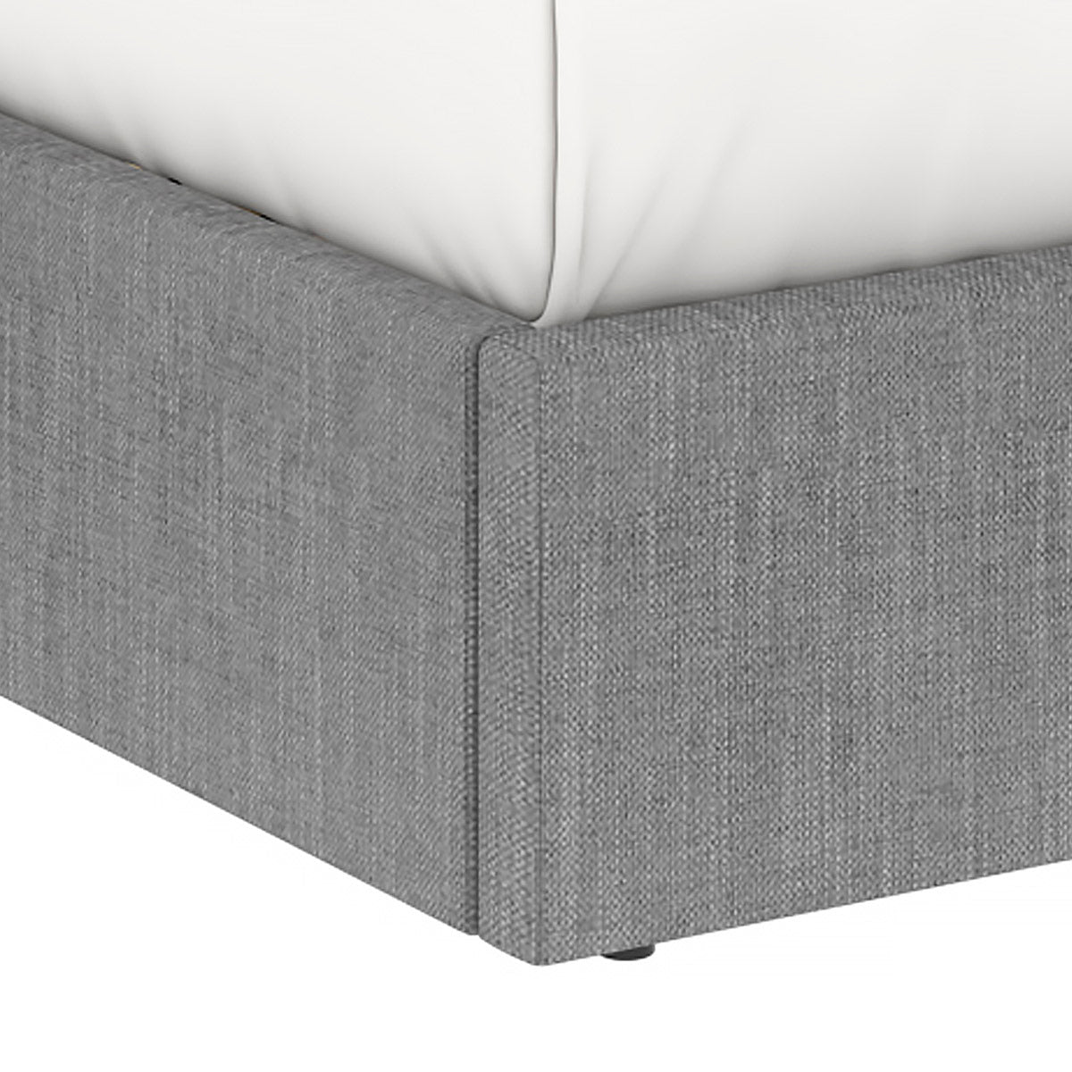 Détail du côté pied de lit du lit ANDY 140x190 cm avec coffre de rangement en finition tissu gris