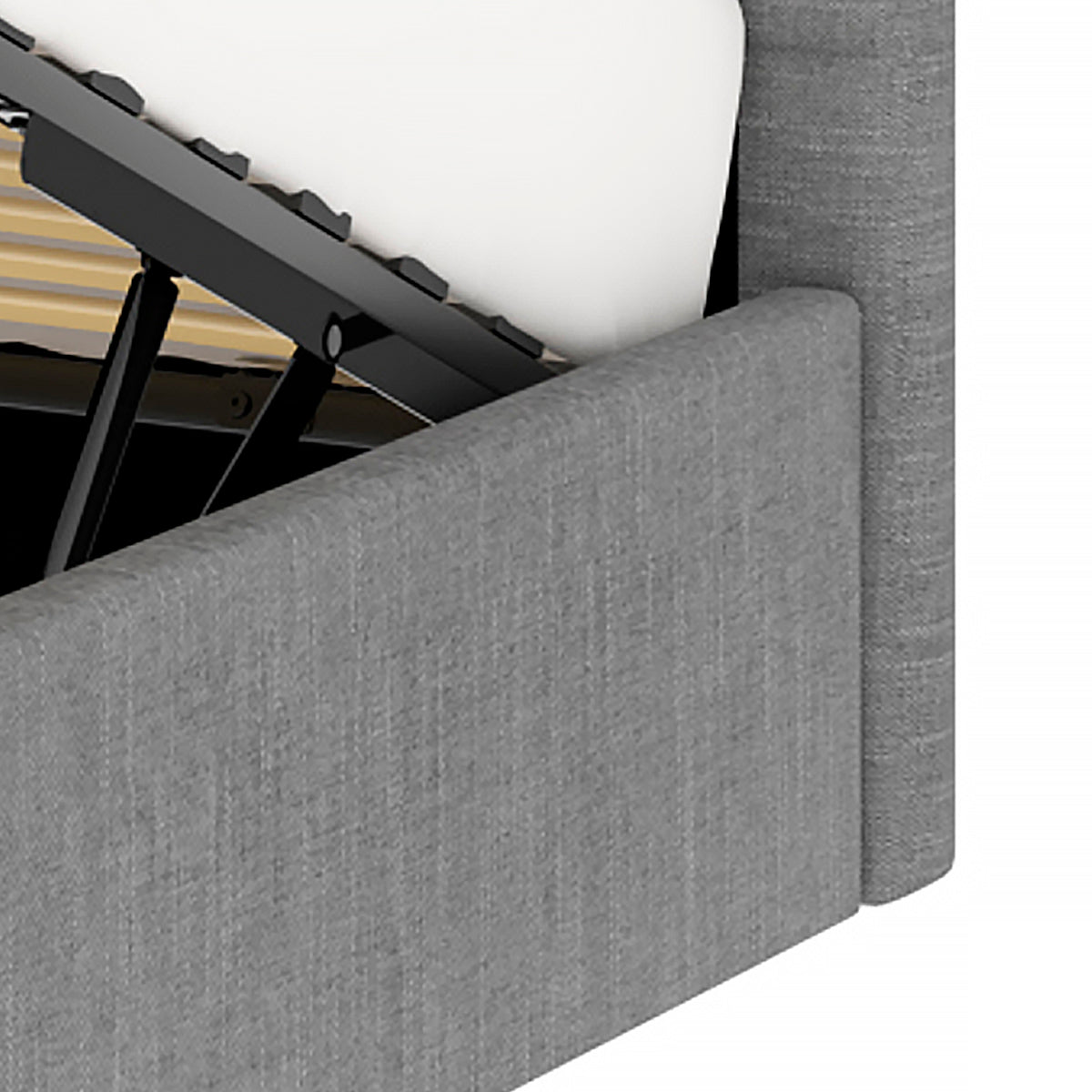 Détail du côté tête de lit du lit ANDY 140x190 cm avec coffre de rangement en finition tissu gris