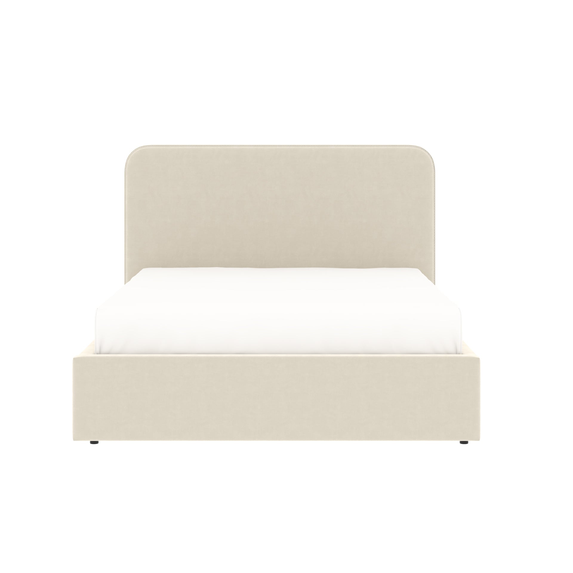 Vue de face du lit coffre tête de lit haute 140x190 cm velours beige ANTON