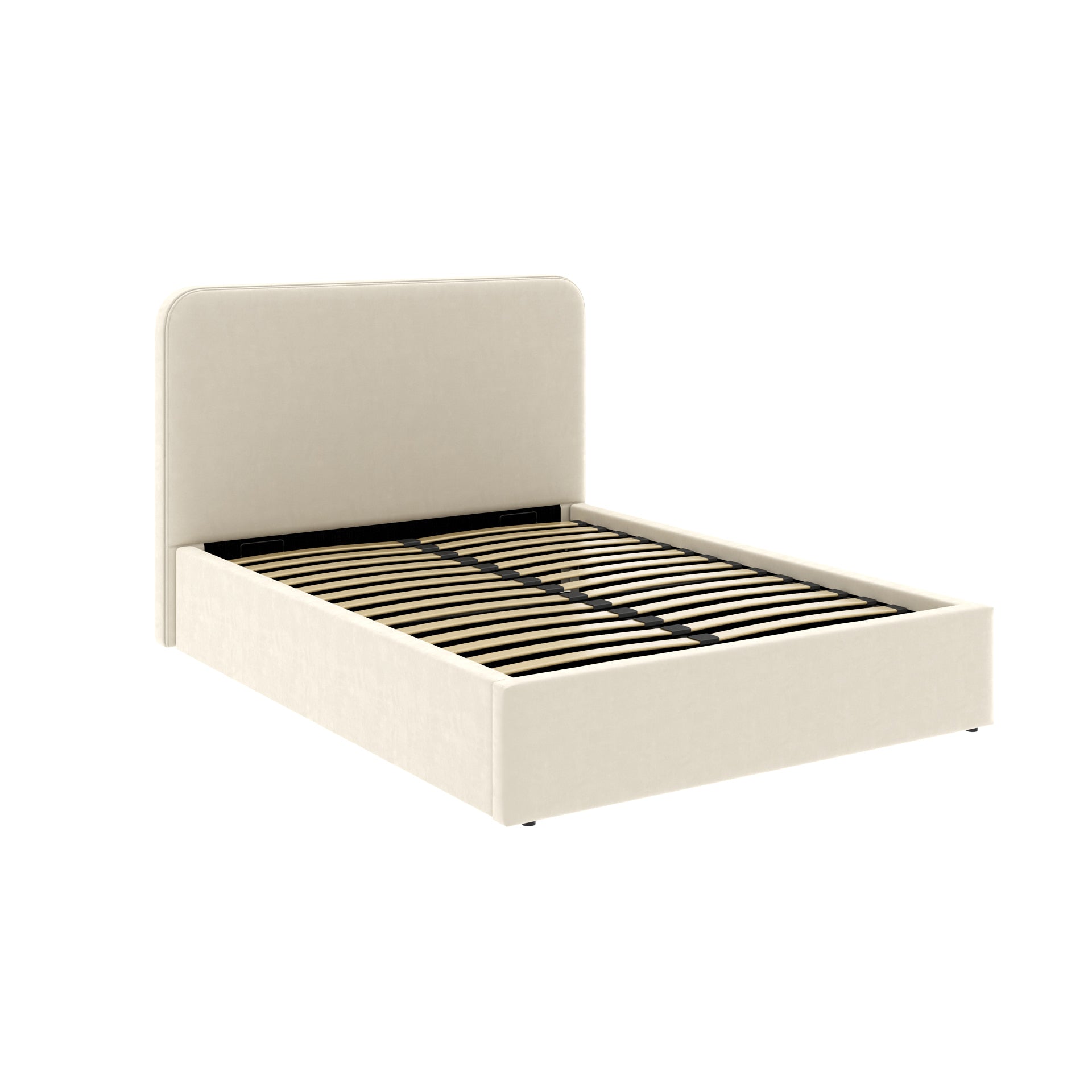 Vue 3/4 du lit coffre tête de lit haute 140x190 cm velours beige ANTON