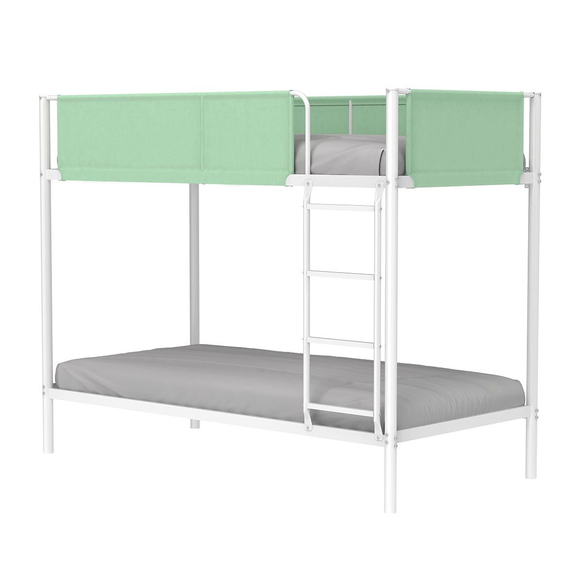 Lit superposé 90x190 cm en métal blanc avec barrière de sécurité en tissu vert pastel, échelle intégrée. Design moderne et compact, parfait pour optimiser l’espace dans une chambre d’enfant ou d’ado.