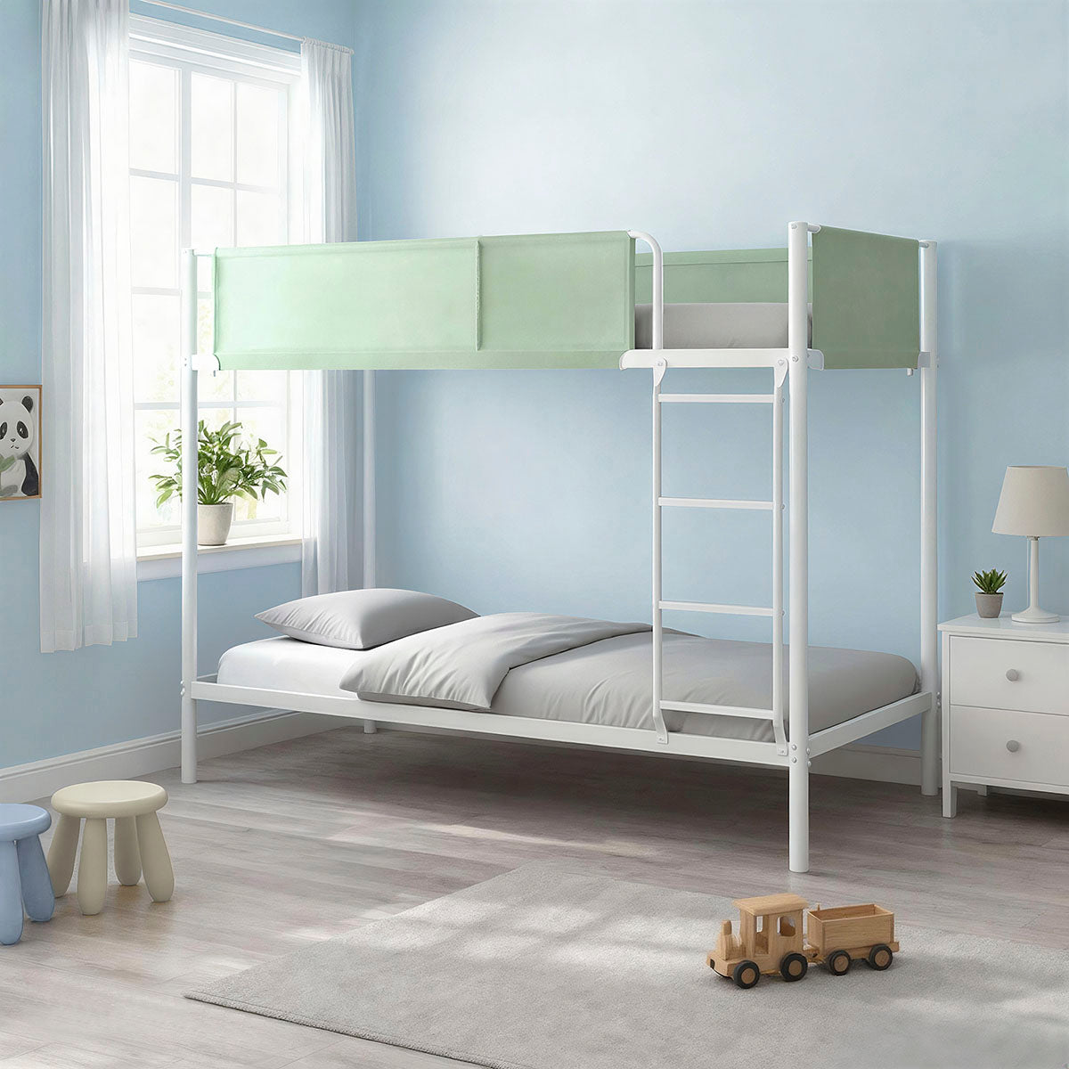 Vue d'ambiance lit superposé BROS finition métal blanc et tissu vert pastel