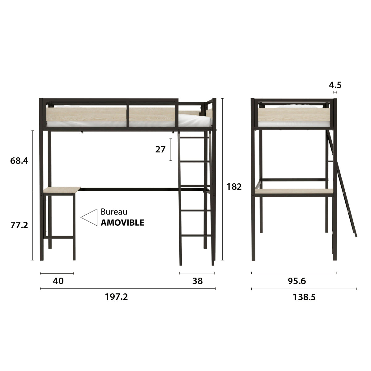 Détail des principales dimensions du lit mezzanine DINO avec bureau 90x190 cm en métal finition mélamine chêne et métal noir