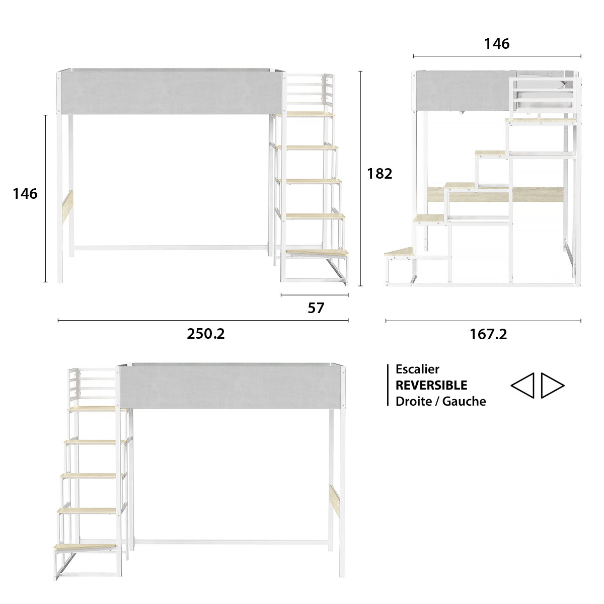 Détail des principales dimensions du lit mezzanine DOCKLAND avec escalier réversible 140x190 cm en métal blanc finition tissu gris clair et mélamine chêne