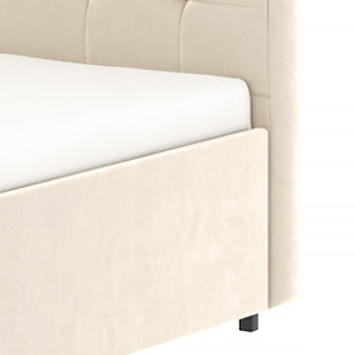 Détail du côté tête de lit du lit ELLIE 140x190 cm avec 4 tiroirs de rangements en finition velours beige