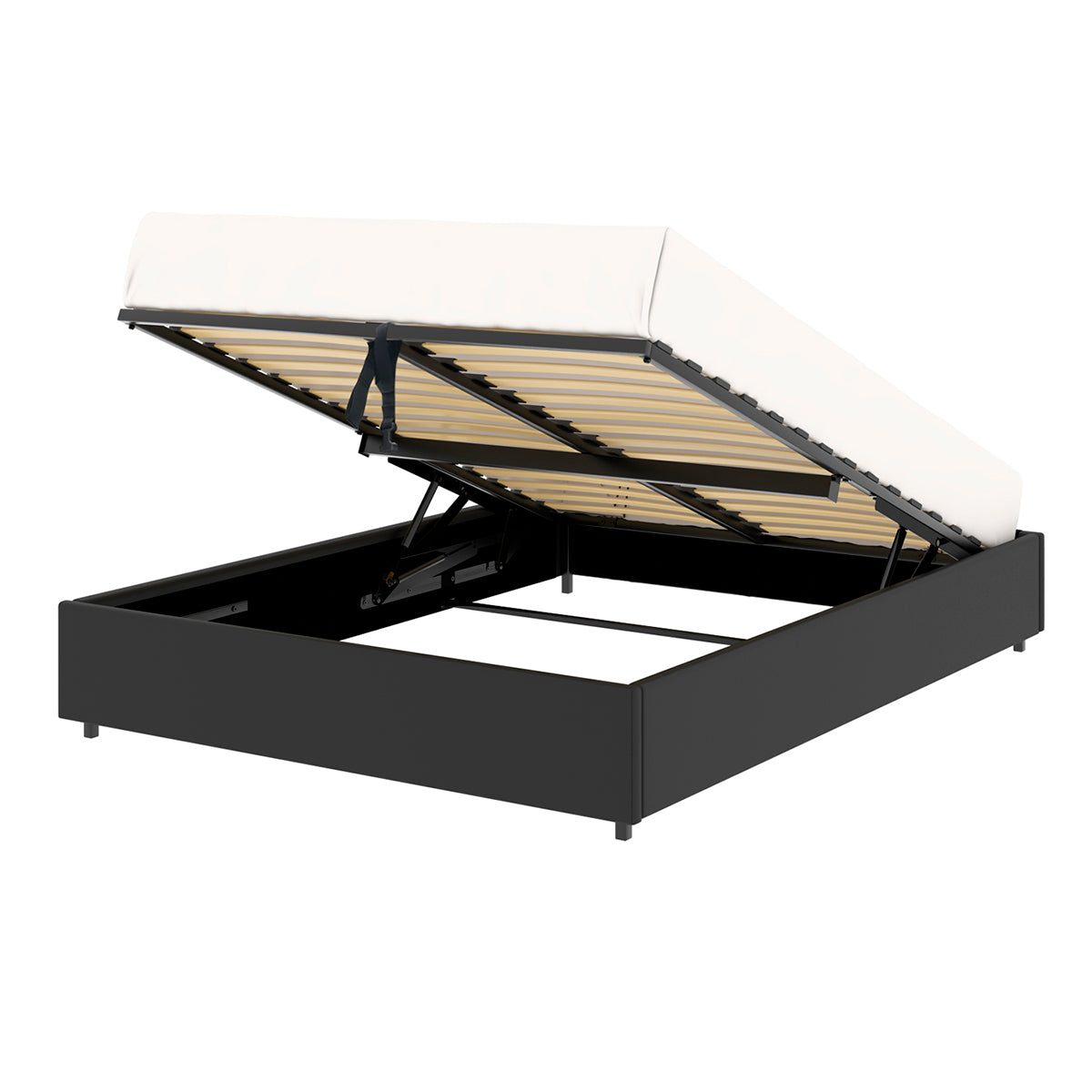 Vue de 3/4 ouverte du lit plateforme LANCE 140x190 cm avec coffre de rangement en finition PU noire - matelas non fourni