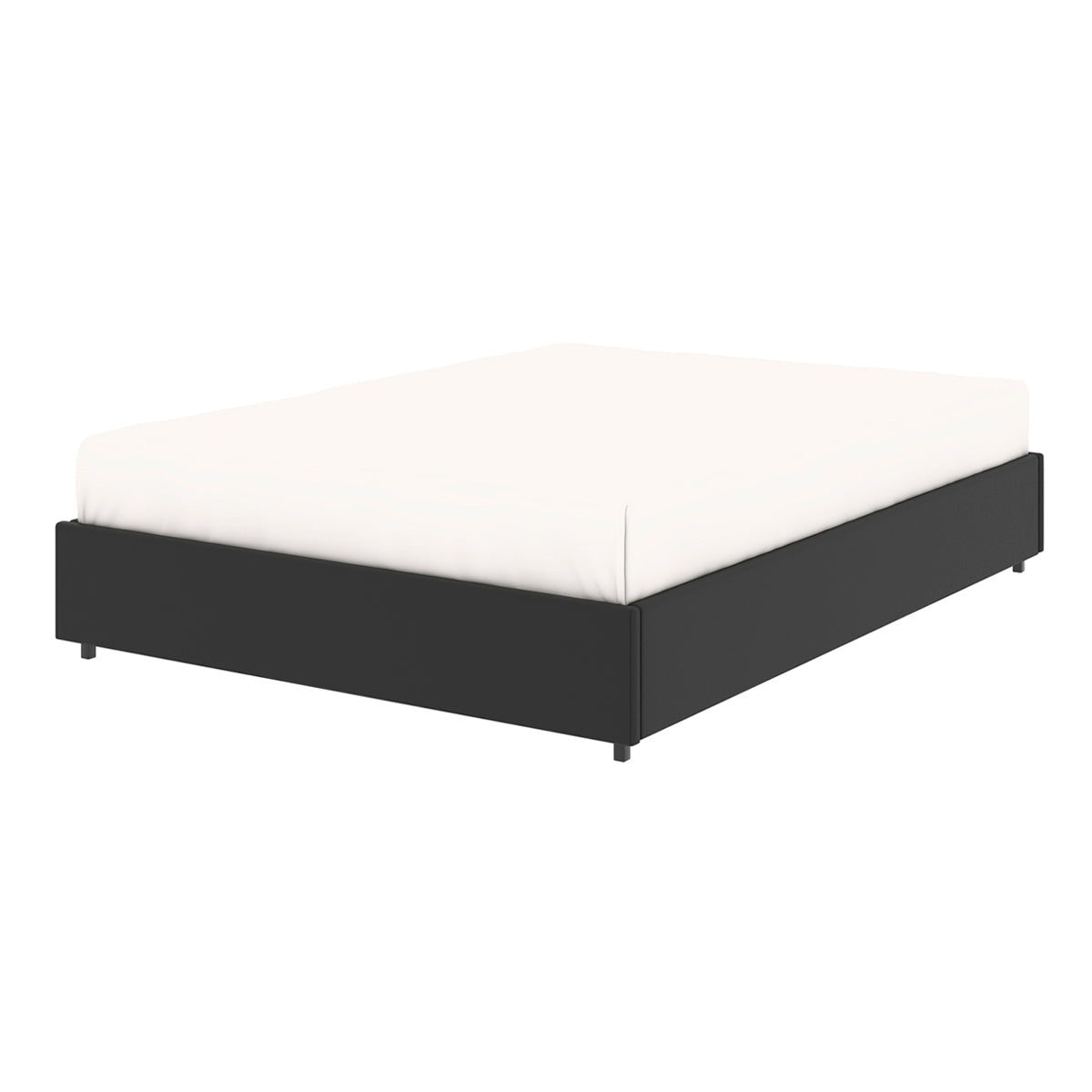 Vue de 3/4 fermée du lit plateforme LANCE 140x190 cm avec coffre de rangement en finition PU noire - matelas non fourni