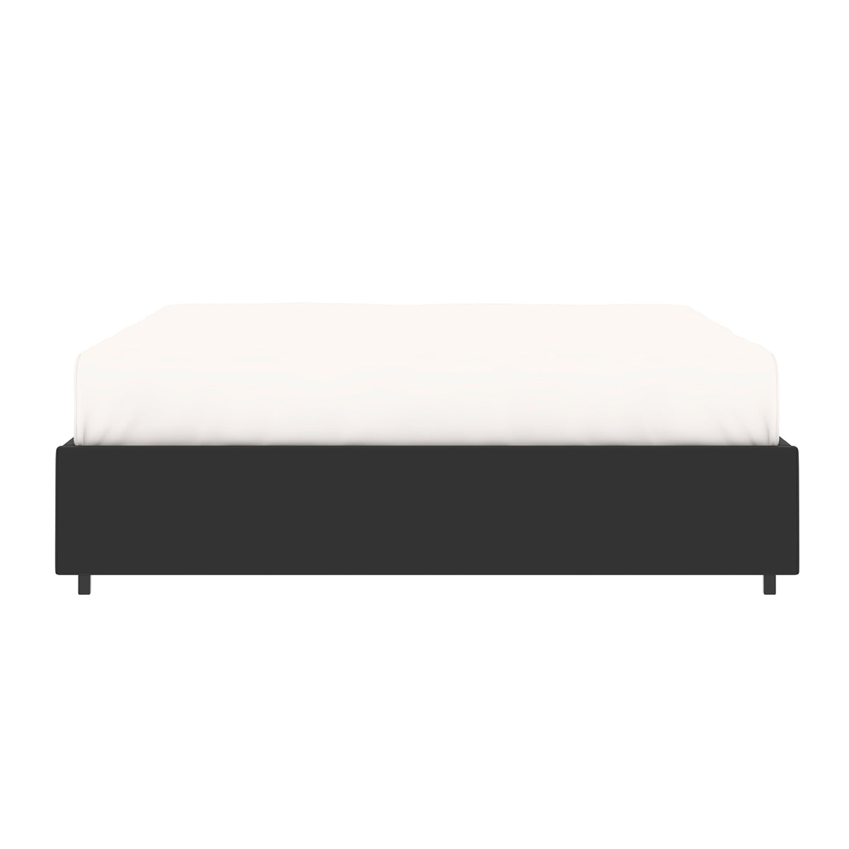 Vue de face du lit plateforme LANCE 140x190 cm avec coffre de rangement en finition PU noire