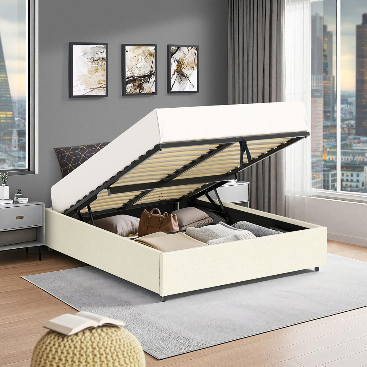 Vue d'ambiance du lit coffre plateforme 140x190 cm velours beige LANCE