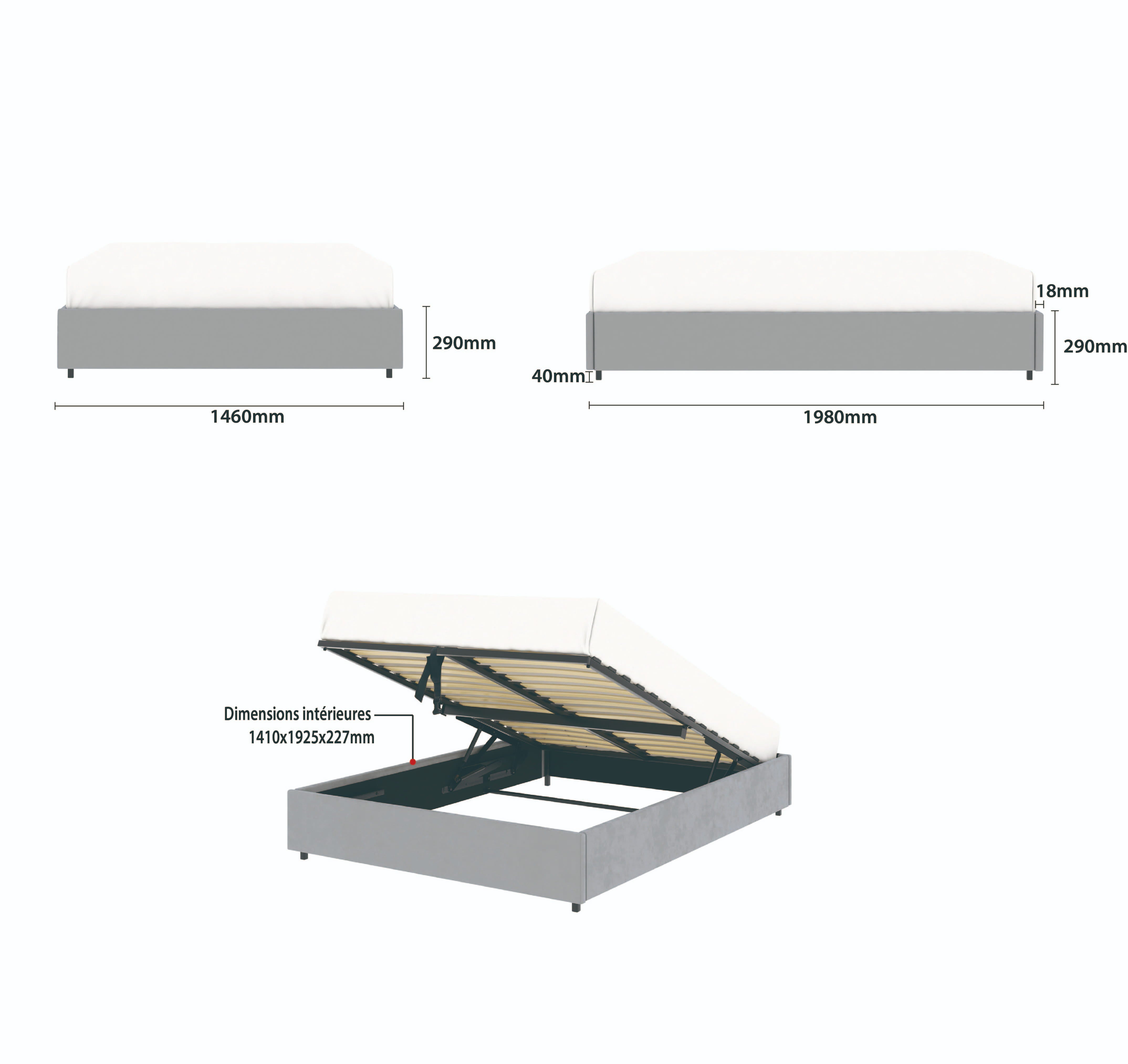Détail des dimensions principales du lit plateforme LANCE 140x190 cm avec coffre de rangement en finition velours gris