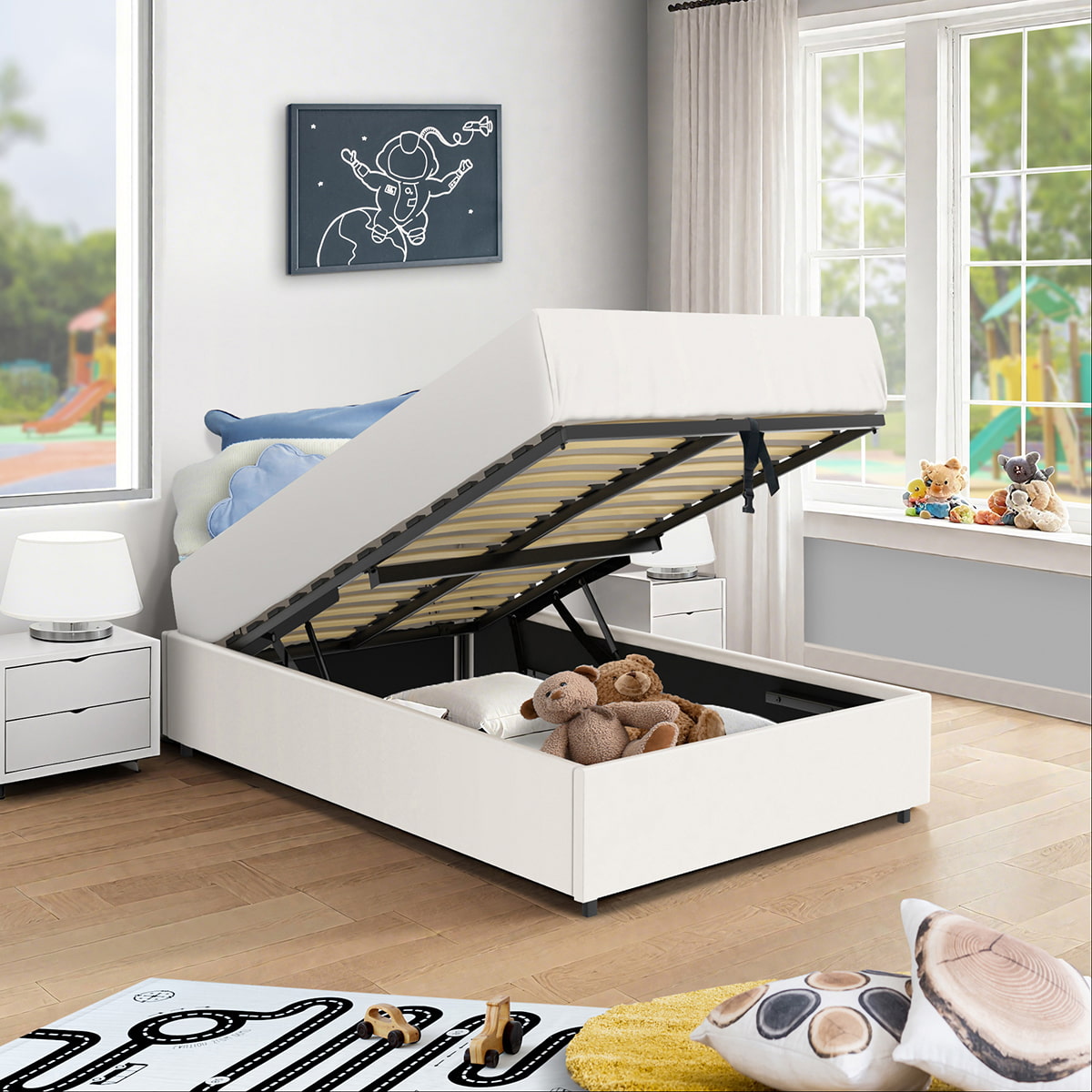 Vue d'ambiance du lit coffre plateforme 90x190 cm PU blanc LANCE