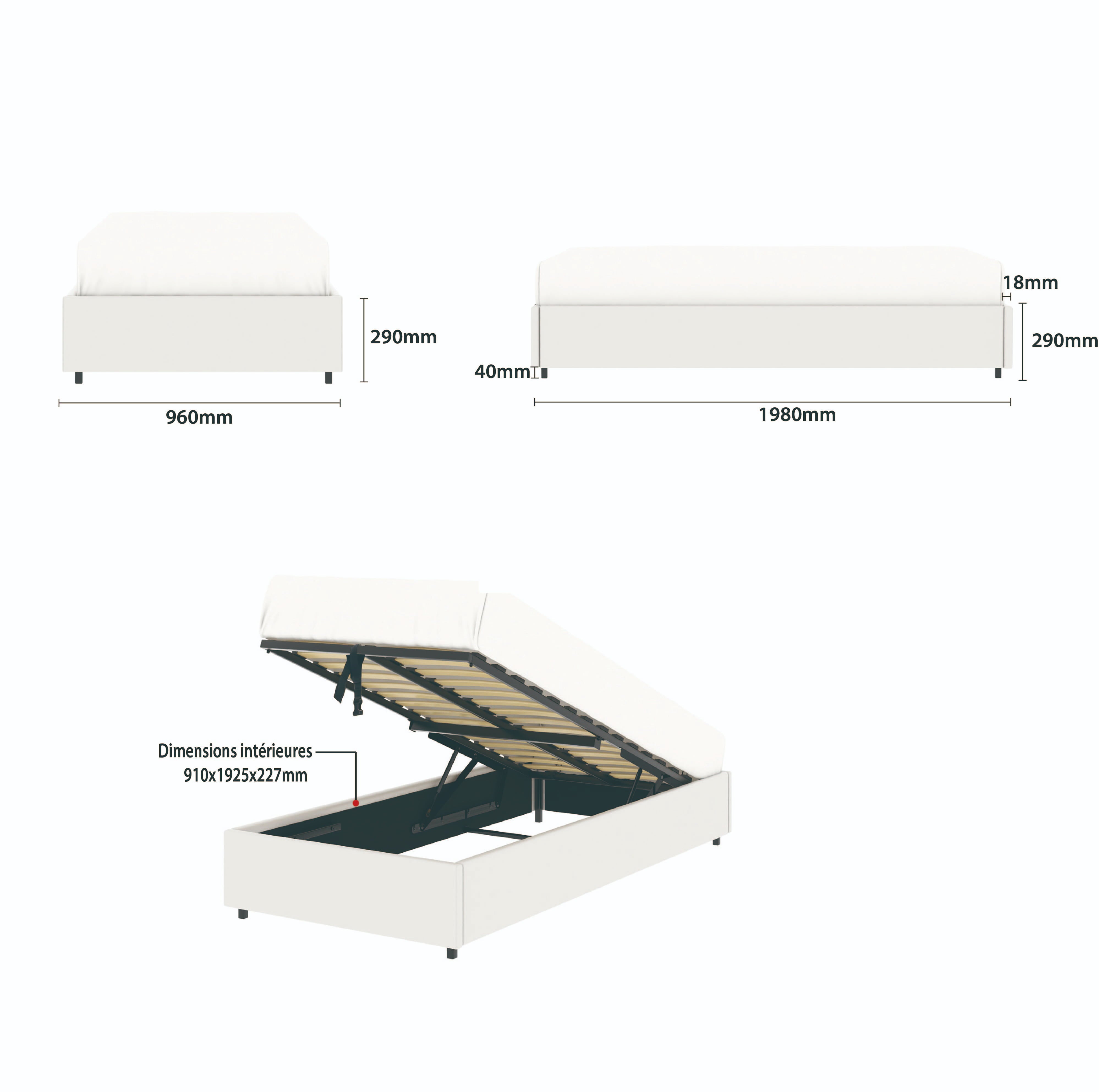 Détail des dimensions principales du lit plateforme LANCE 90x190 cm avec coffre de rangement en finition PU blanc