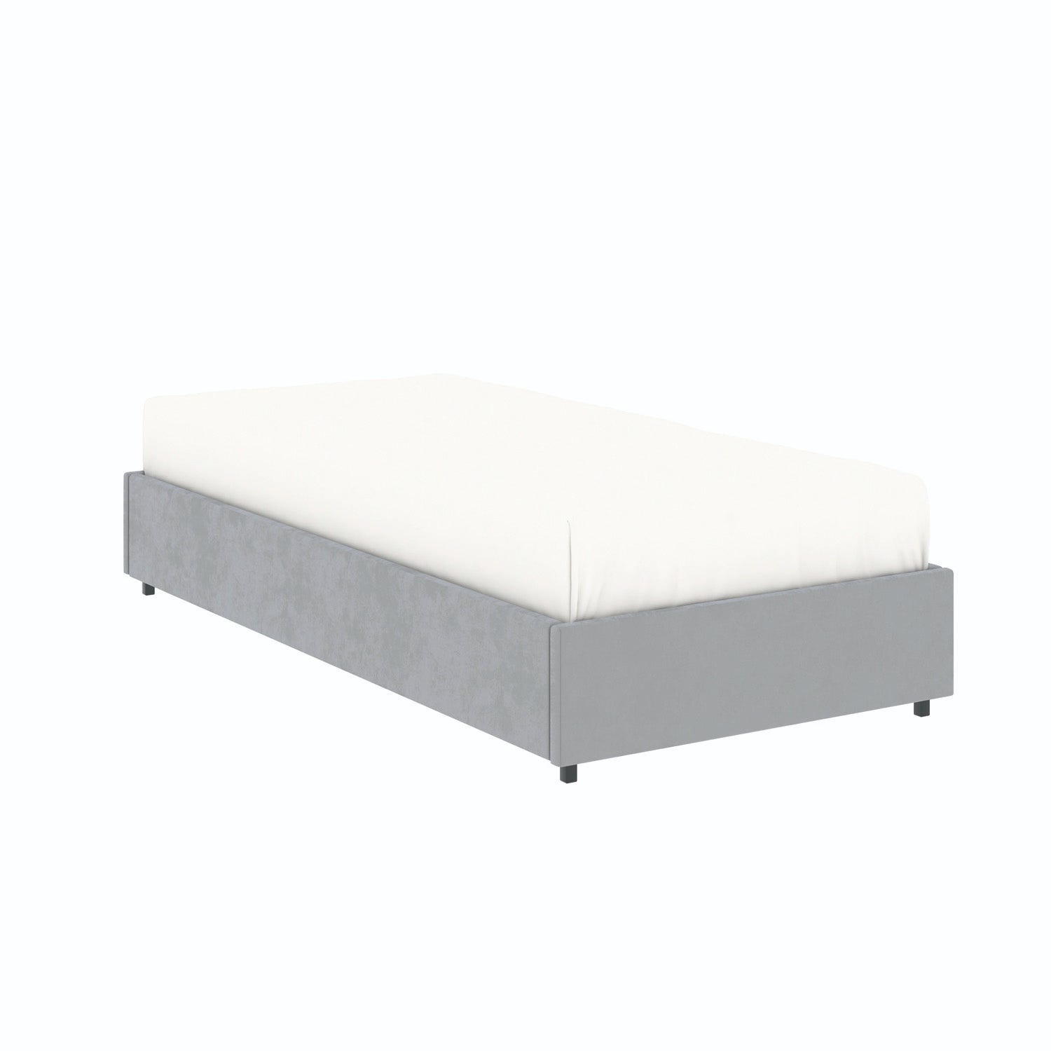 Vue de 3/4 du lit coffre plateforme 90x190 cm velours gris LANCE avec matelas (non fourni)