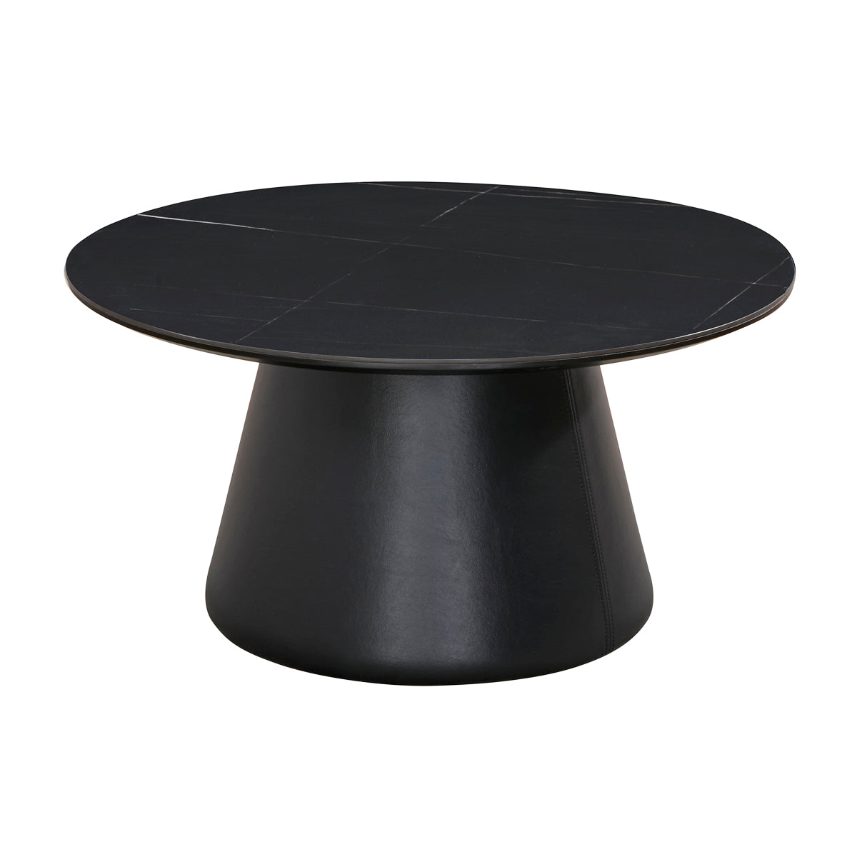 Table basse ronde noire avec plateau effet marbre noir et pied conique gainé, design contemporain et sophistiqué, idéale pour un salon chic et moderne.