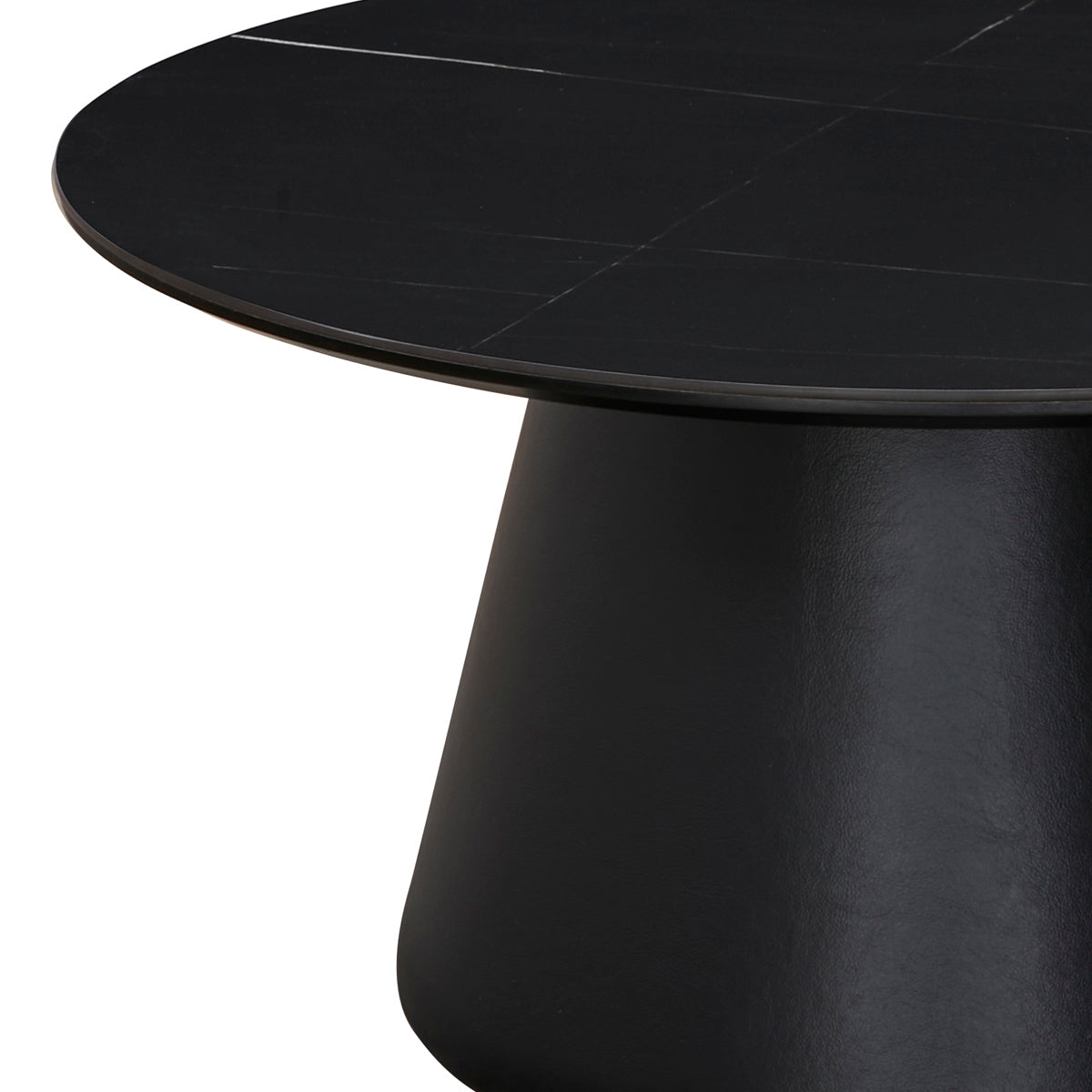 Vue de côté de la table basse ronde MANDY diamètre 80 cm en finition imitation marbre noir stratifié