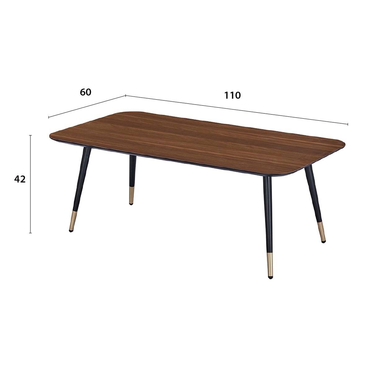 Détail des principales dimensions de la table basse rectangulaire MATIS dimensions 110 x 60 cm en finition mélaminé imitation noyer