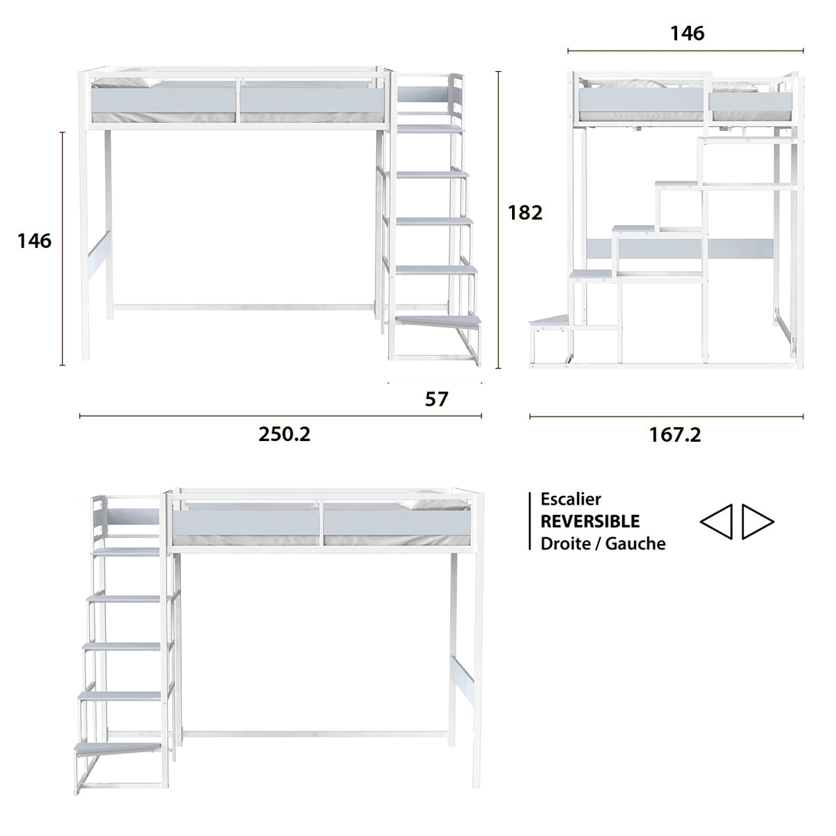 Détail des principales dimensions du lit mezzanine MONTANA 140x190 cm en finition mélamine gris clair et métal blanc