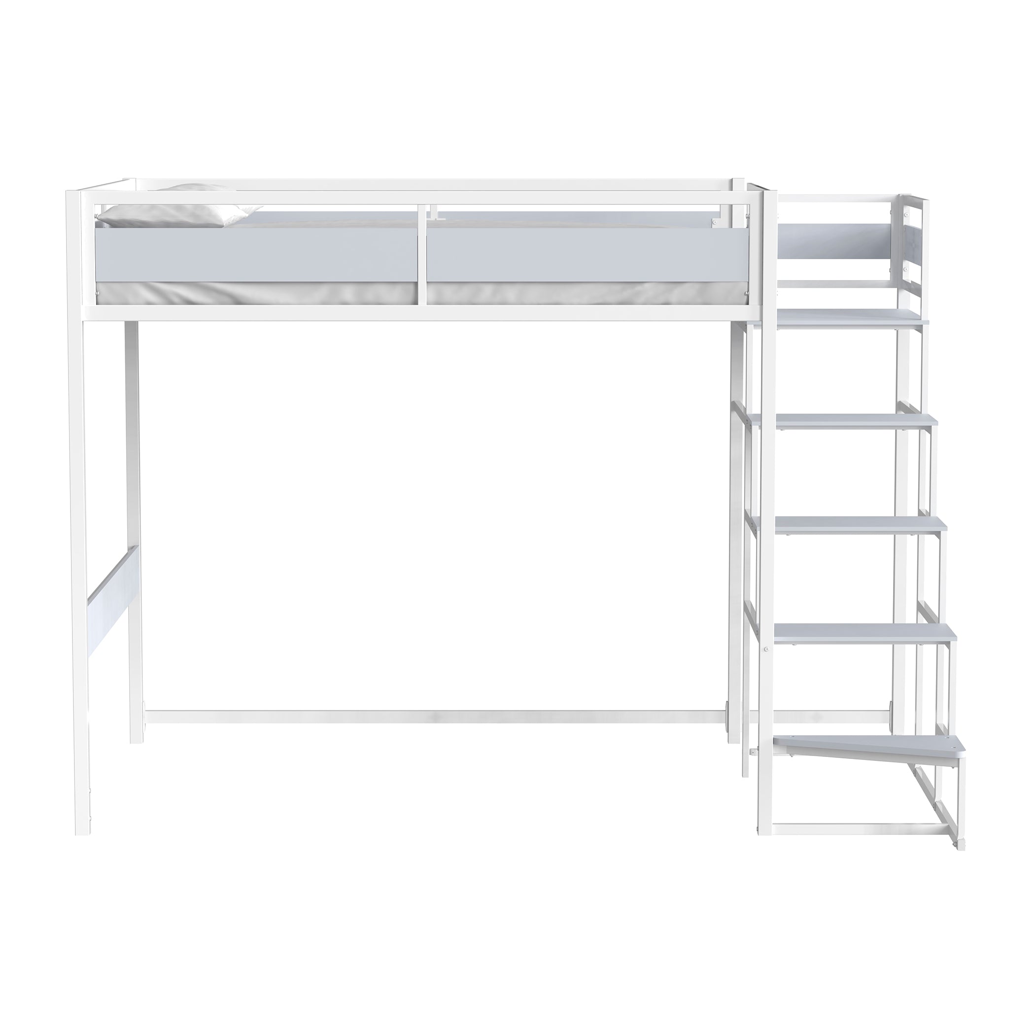 Vue de face du lit mezzanine MONTANA 140x190 cm en finition mélamine gris clair et métal blanc