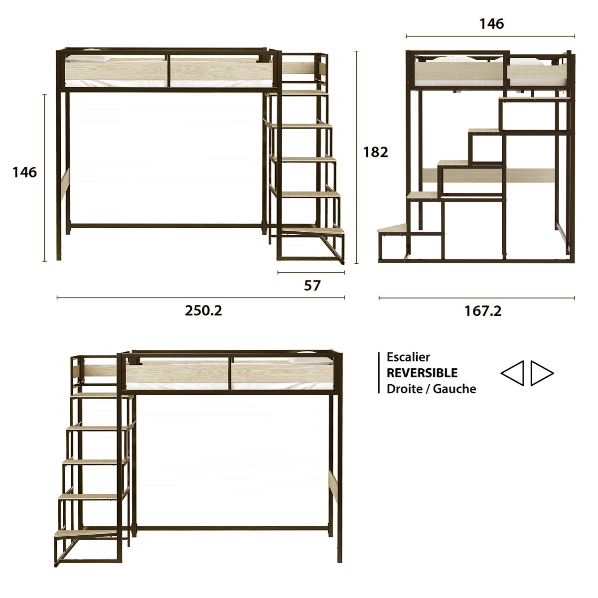 Détail des principales dimensions du lit mezzanine MONTANA avec escalier réversible 140x190 cm en métal noir finition mélamine chêne