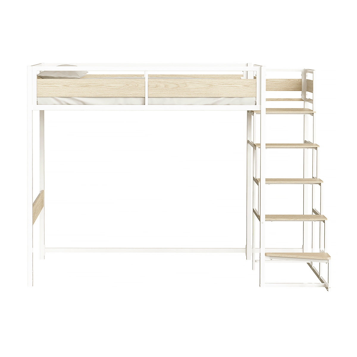 Vue de face du lit mezzanine MONTANA avec escalier réversible 140x190 cm en finition mélamine chêne et métal blanc