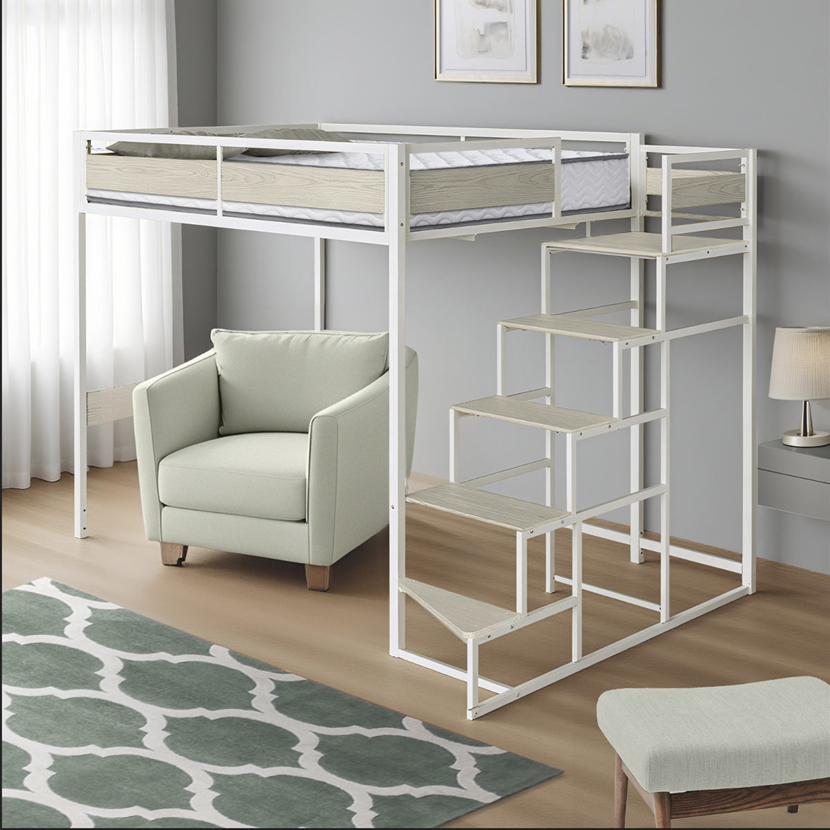 Vue d'ambiance matelas 15cm SENHO NIMBUS 140x190cm sur lit mezzanine MONTANA 140x190cm