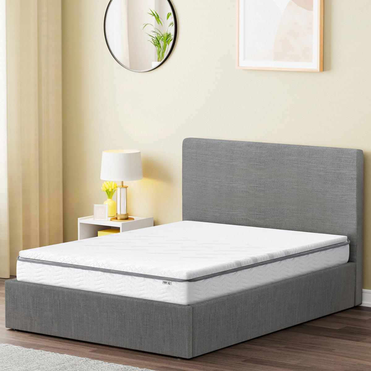 Vue d'ambiance surmatelas 5,3cm SENHO PLUME 140x190cm et matelas NIMBUS 140x190cm sur le lit coffre ANDY 140x190cm