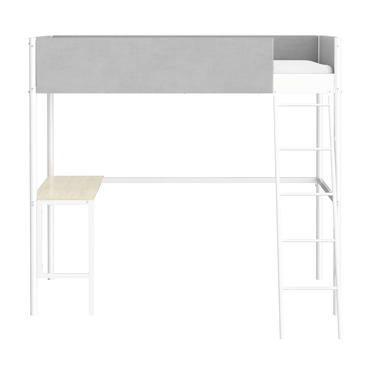 Vue de face du lit mezzanine ROZE avec bureau 90x190 cm en métal blanc finition tissu gris