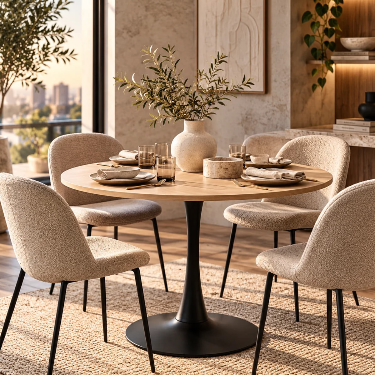 Vue lifestyle table ronde TULIPS noire melamine imitation chene