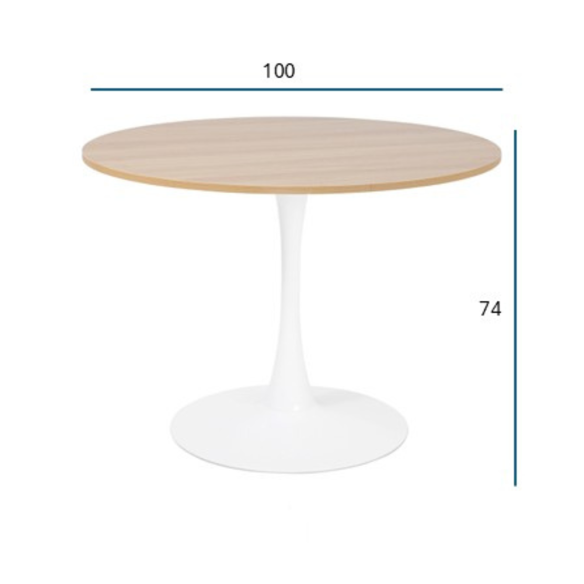 Dimensions principales Table ronde TULIPS en finition chene blanc