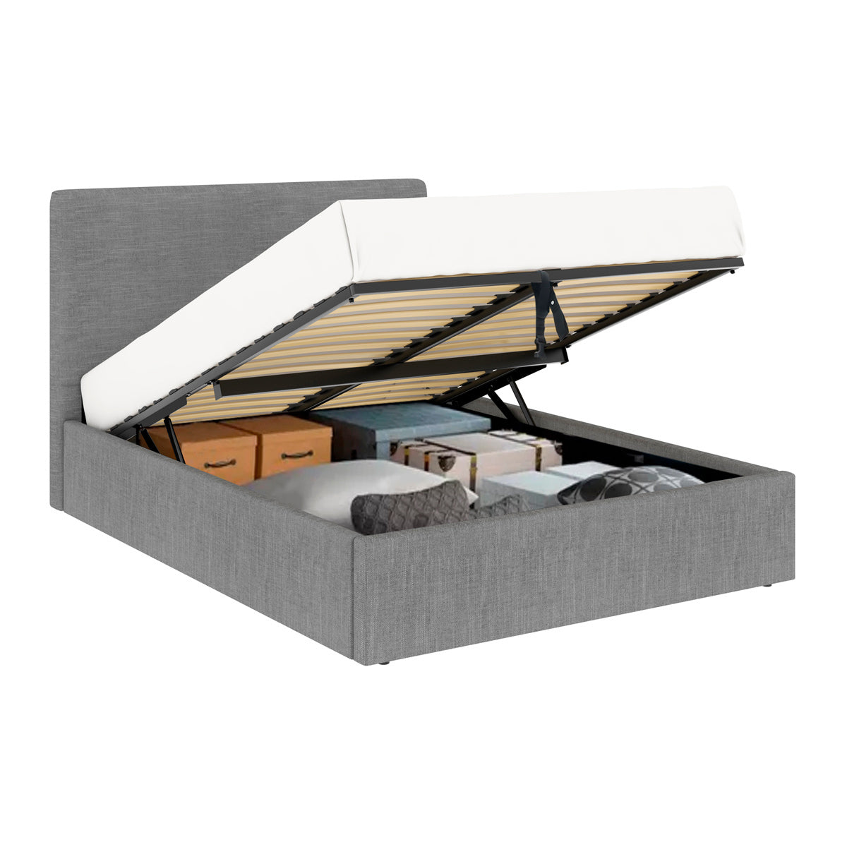 Vue d'ensemble du lit coffre 140x190 cm ANDY tete de lit haute en tissu gris avec matelas (non fourni)