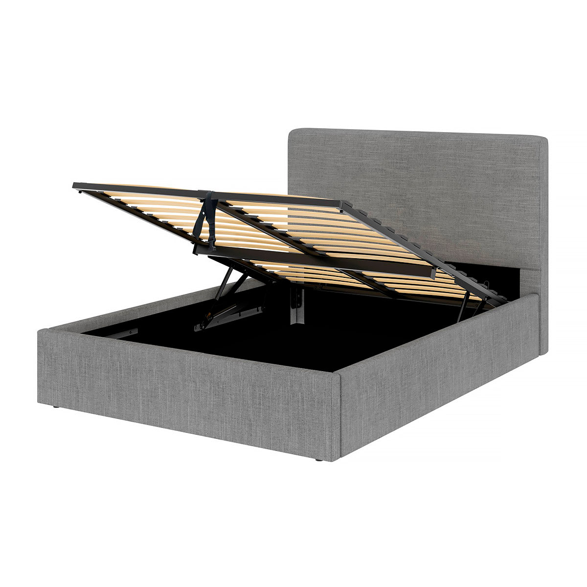 Vue de 3/4 ouverte du lit du lit ANDY 140x190 cm avec coffre de rangement en finition tissu gris - matelas non fourni