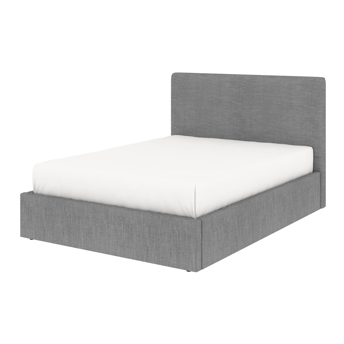 Vue de 3/4 fermée du lit du lit ANDY 140x190 cm avec coffre de rangement en finition tissu gris - matelas non fourni