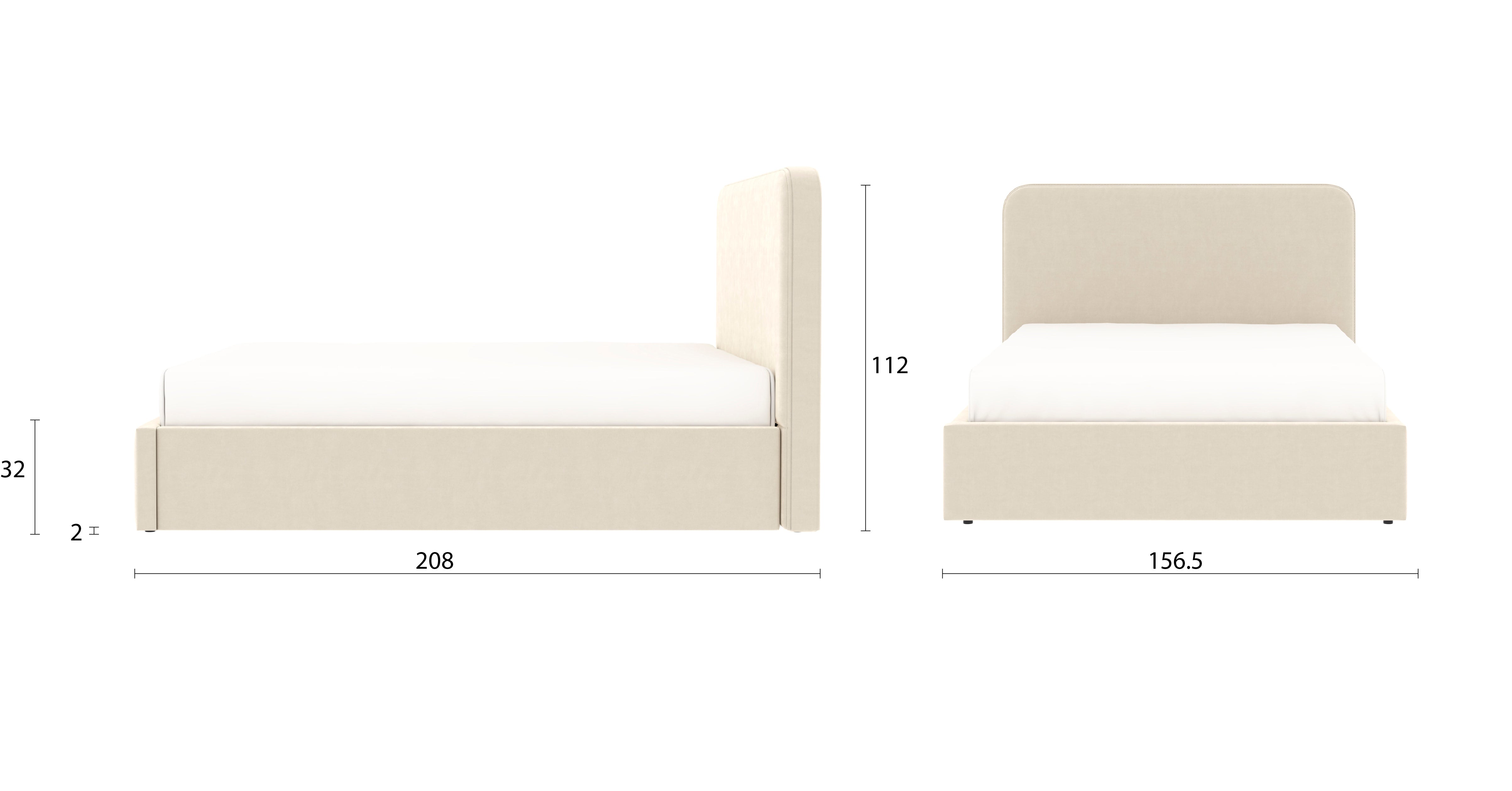 Détail des dimensions principales du lit coffre ANTON 140x190 cm avec coffre de rangement en finition velours beige