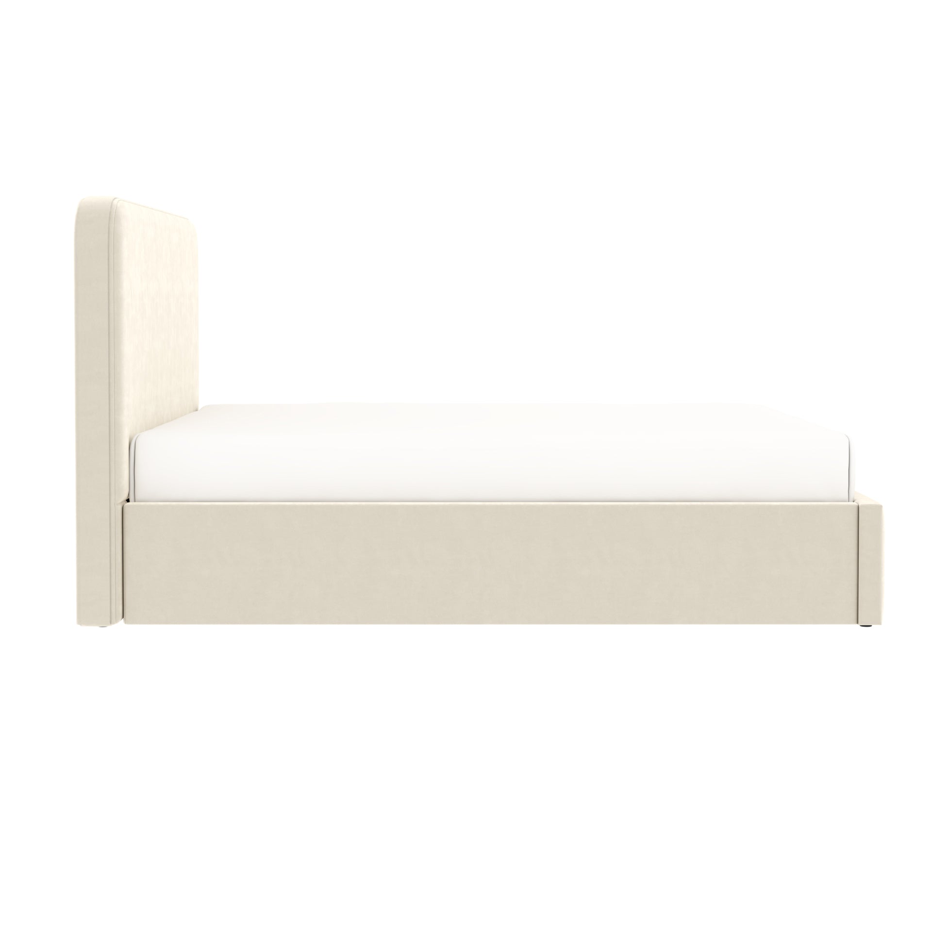 Vue de côté du lit coffre tête de lit haute 140x190 cm velours beige ANTON
