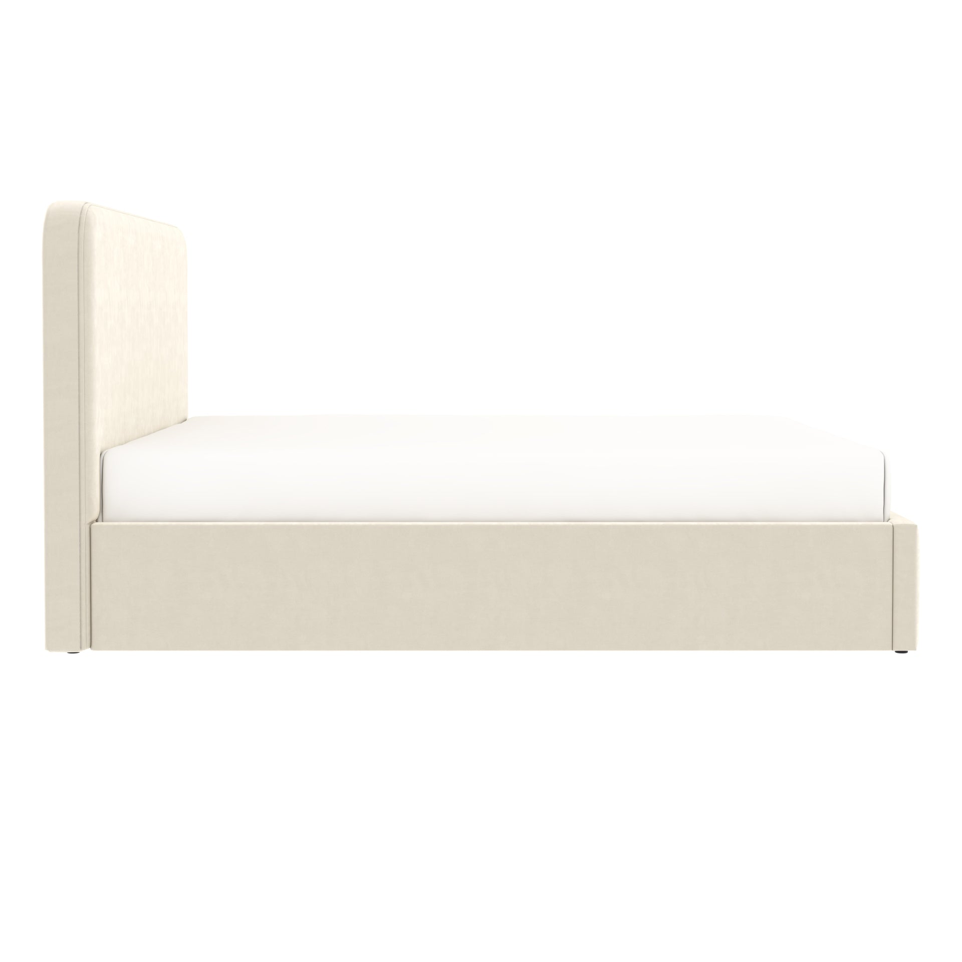 Vue de côté du lit coffre tête de lit haute 160x200 cm velours beige ANTON