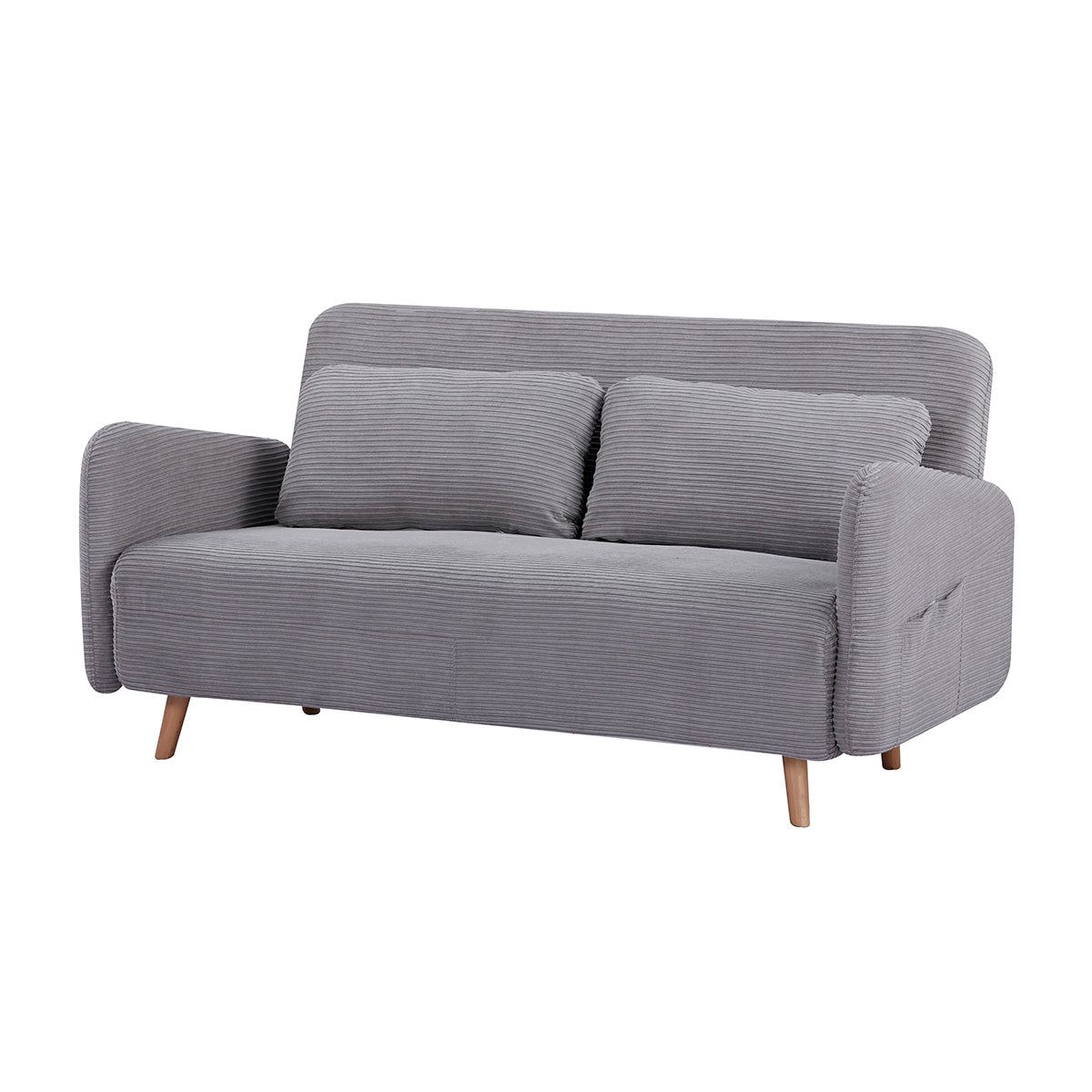 Canapé-lit BZ en velours côtelé gris clair, au design scandinave doux et moderne, avec accoudoirs arrondis, pieds en bois naturel et coussins assortis. Idéal pour un couchage d’appoint confortable et un salon cosy.