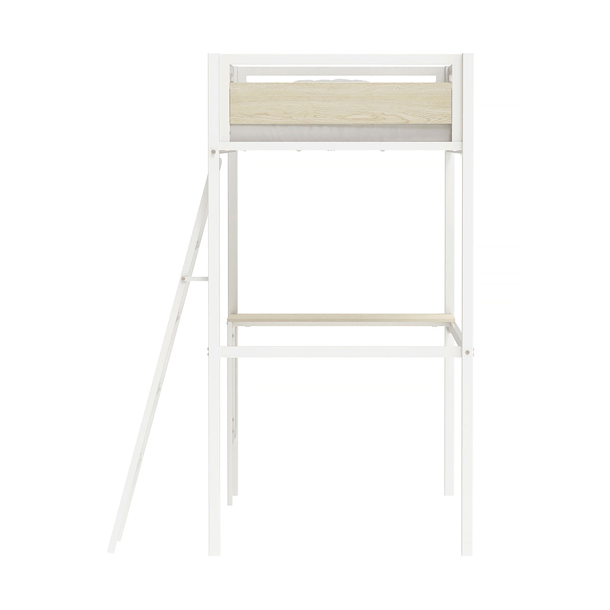 Vue de côté du lit mezzanine DINO avec bureau 90x190 cm en finition mélamine chêne et métal blanc