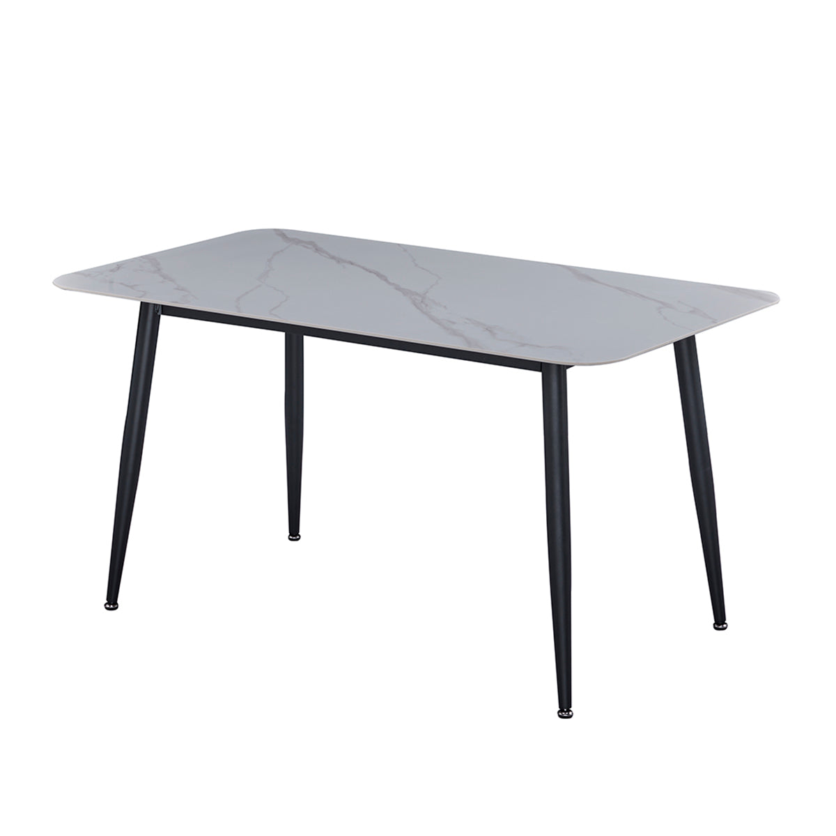 Table à manger rectangulaire avec plateau effet marbre blanc et pieds fins en métal noir, design moderne et élégant, idéale pour une salle à manger contemporaine ou un espace cuisine stylé.