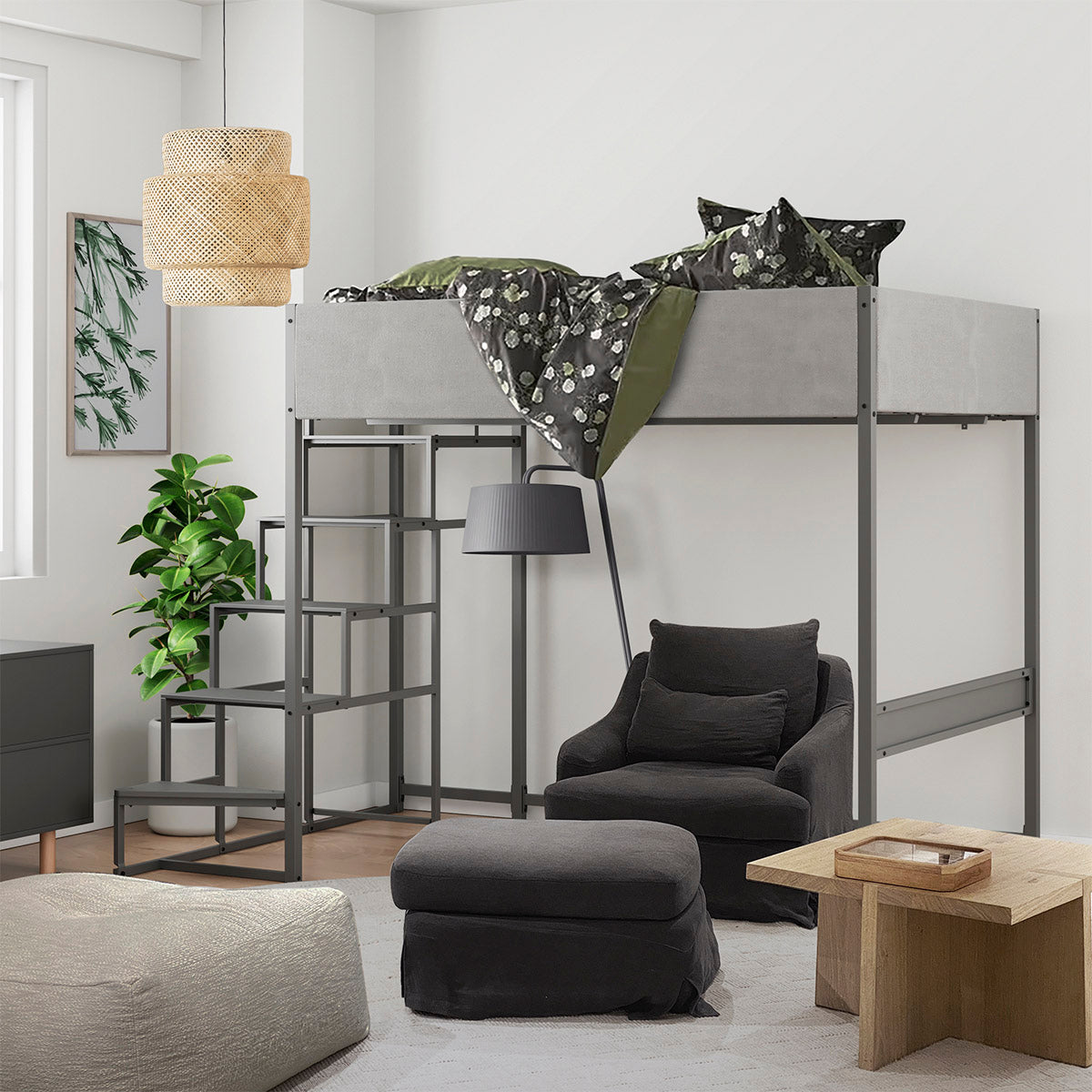 Lit mezzanine 140x190 cm avec escalier réversible et barrières en tissu velours gris – design moderne pour chambre d’ado ou studio compact