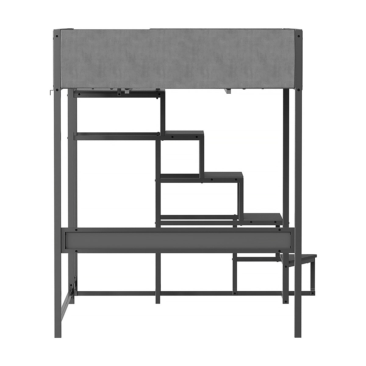 Vue de côté du lit mezzanine DOCKLAND avec escalier réversible 140x190 cm en métal gris finition tissu gris et mélamine grise