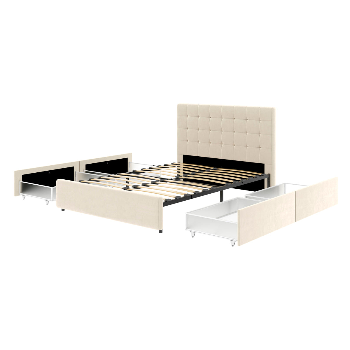 Vue tiroirs ouverts du lit ELLIE 140x190 cm avec 4 tiroirs de rangements en finition velours beige