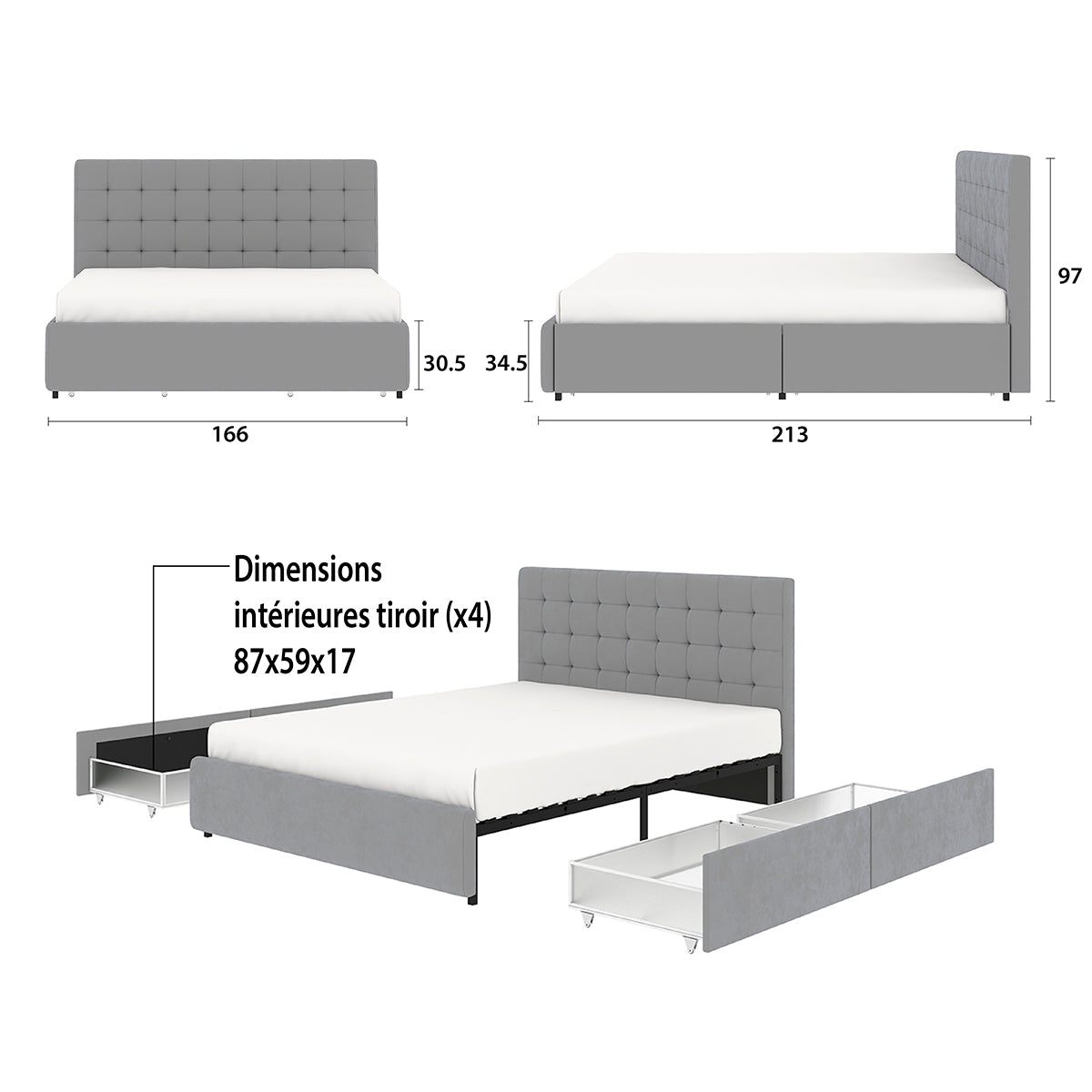 Détail des dimensions principales du lit tiroirs ELLIE 160x200 cm en finition velours gris