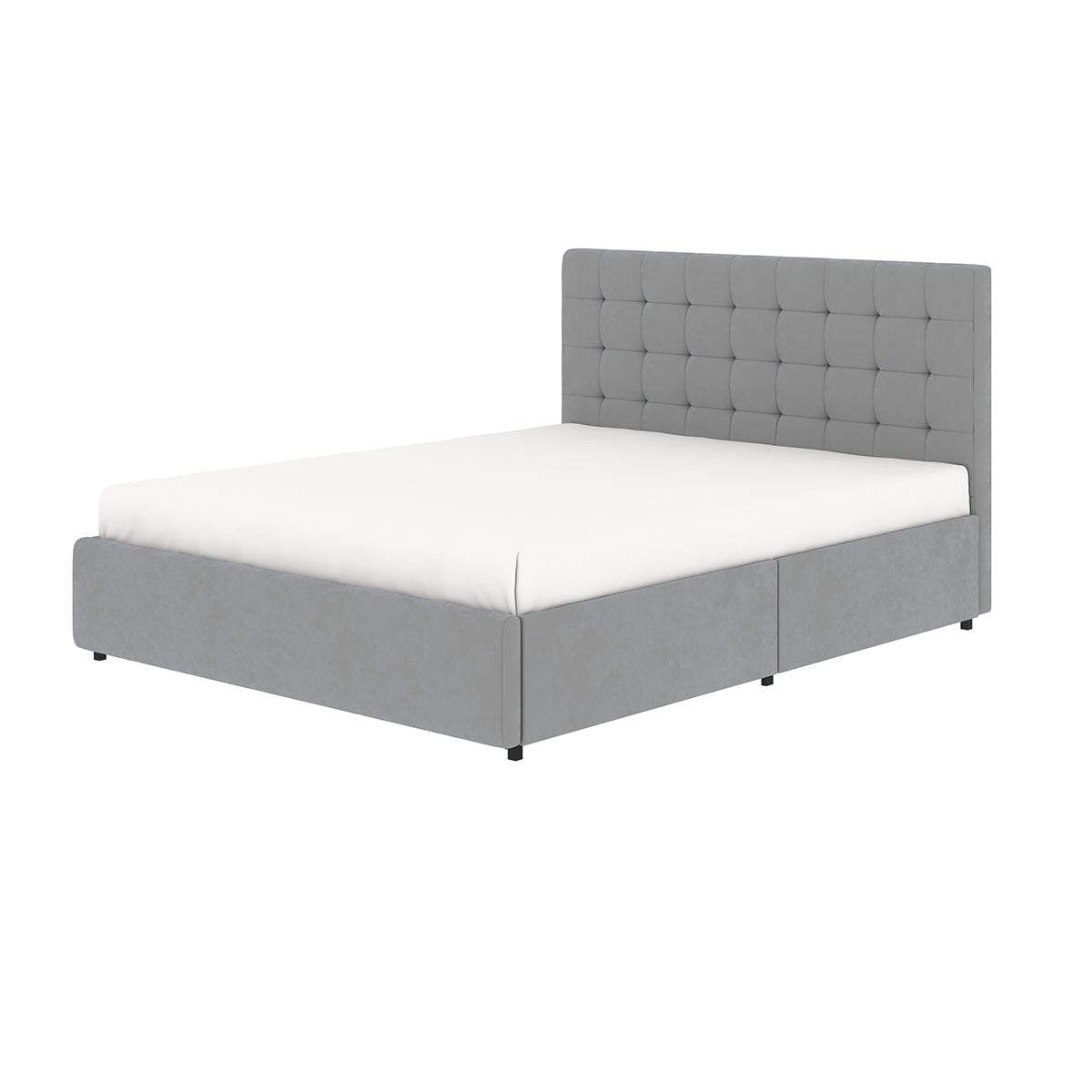 Vue 3/4 du lit 4 tiroirs tête de lit haute 160x200 cm velours gris ELLIE avec matelas (non fourni)