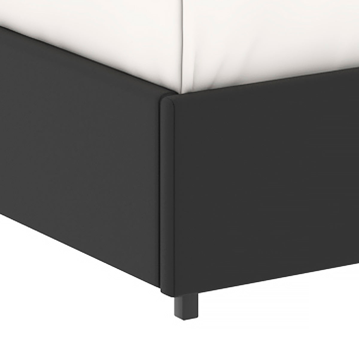 Détail du côté pied de lit du lit plateforme LANCE 140x190 cm avec coffre de rangement en finition PU noire