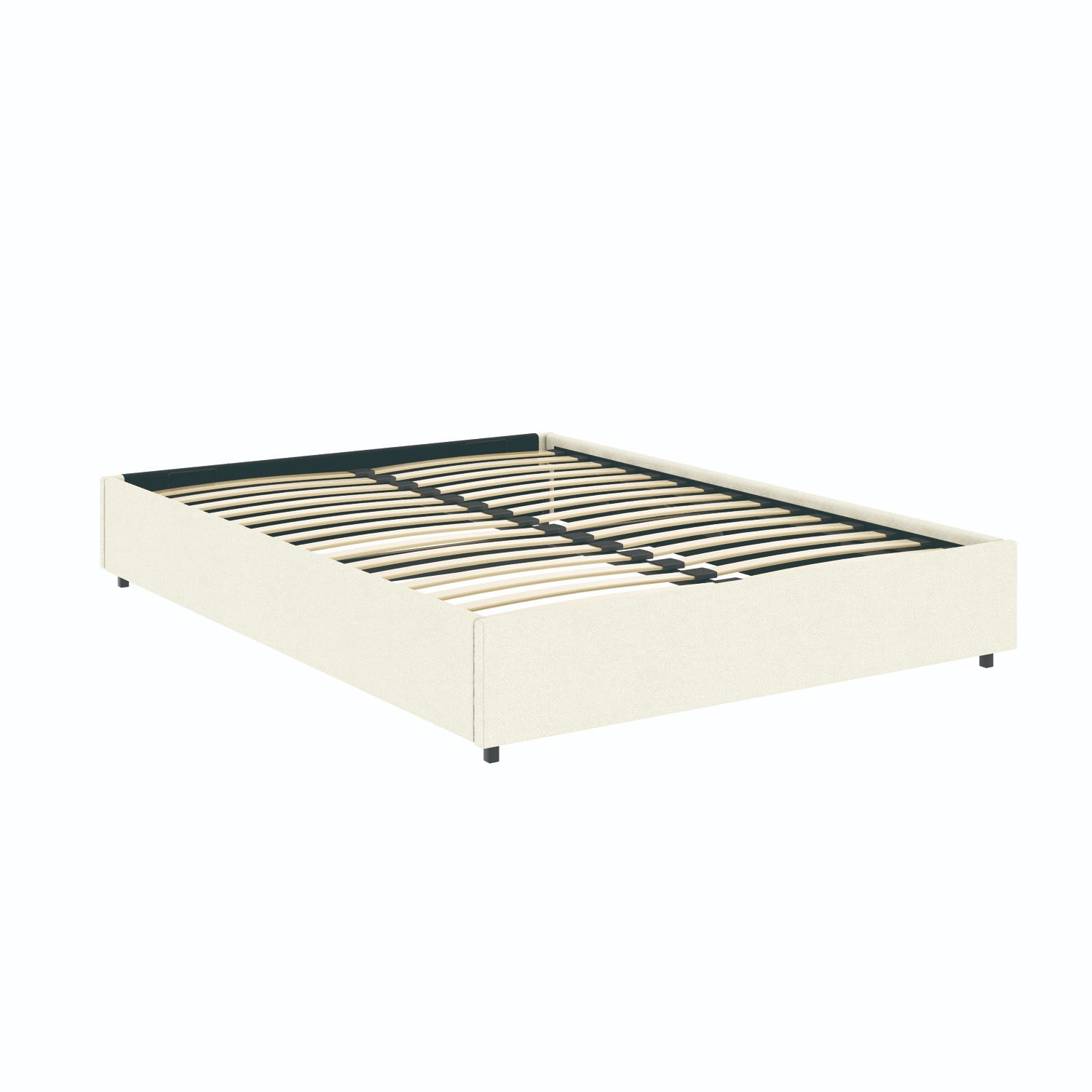 Vue de 3/4 du lit coffre plateforme 140x190 cm velours beige LANCE en position fermé