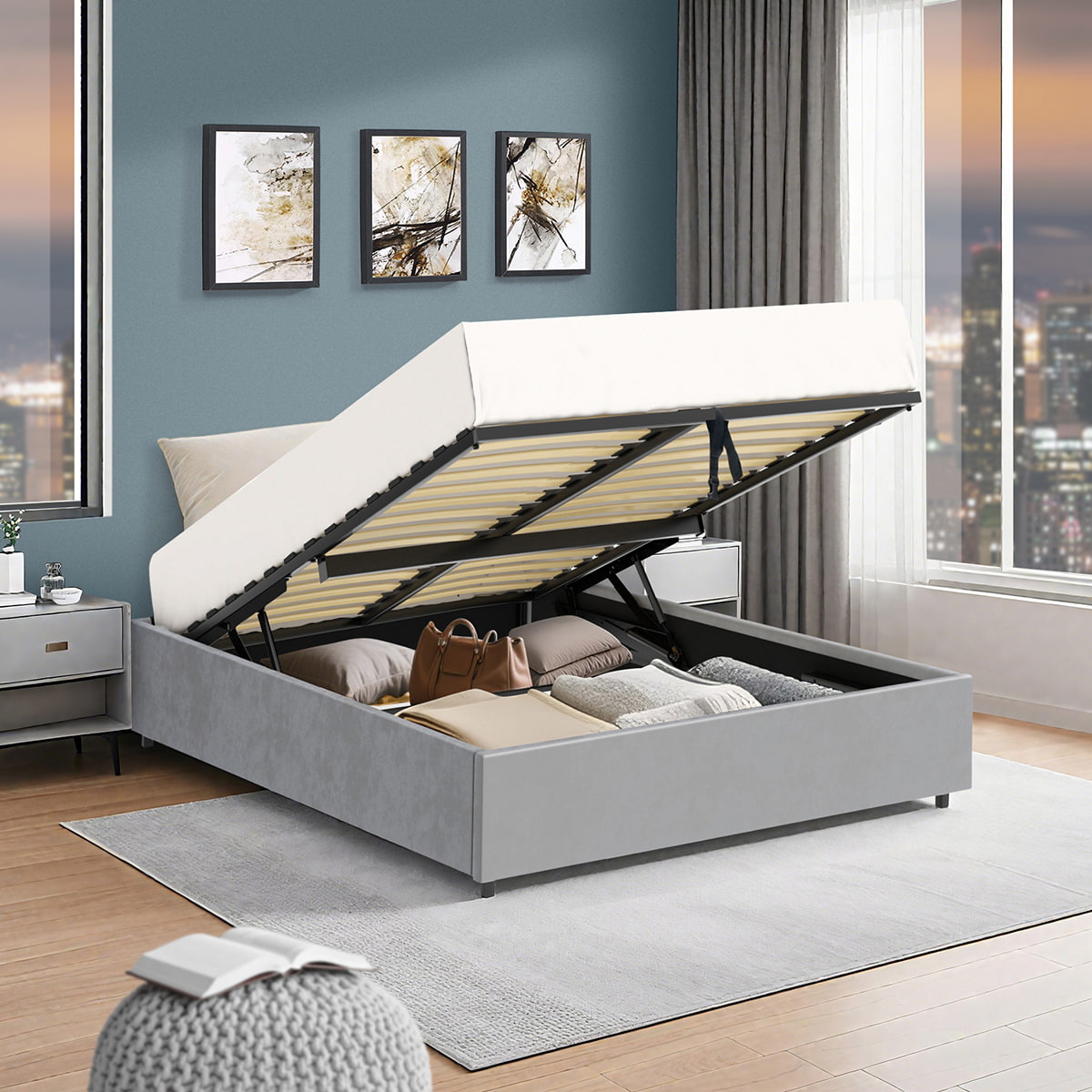 Vue d'ambiance du lit coffre plateforme 140x190 cm velours gris LANCE