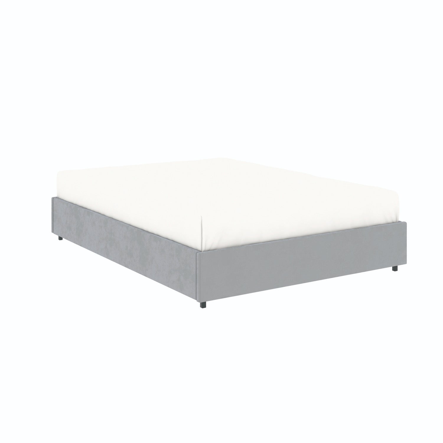 Vue de 3/4 du lit coffre plateforme 140x190 cm velours gris LANCE avec matelas (non fourni)