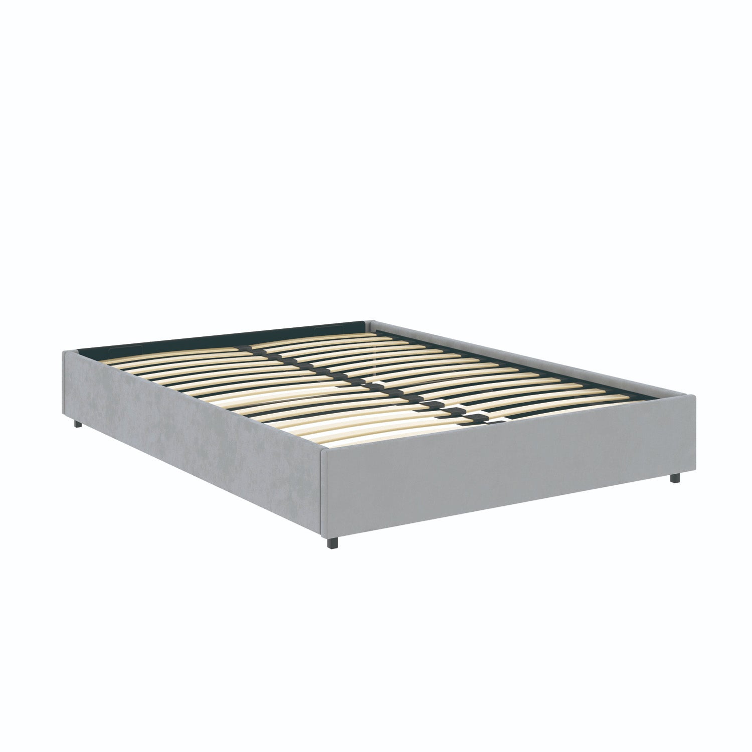 Vue de 3/4 du lit coffre plateforme 140x190 cm velours gris LANCE en position fermé