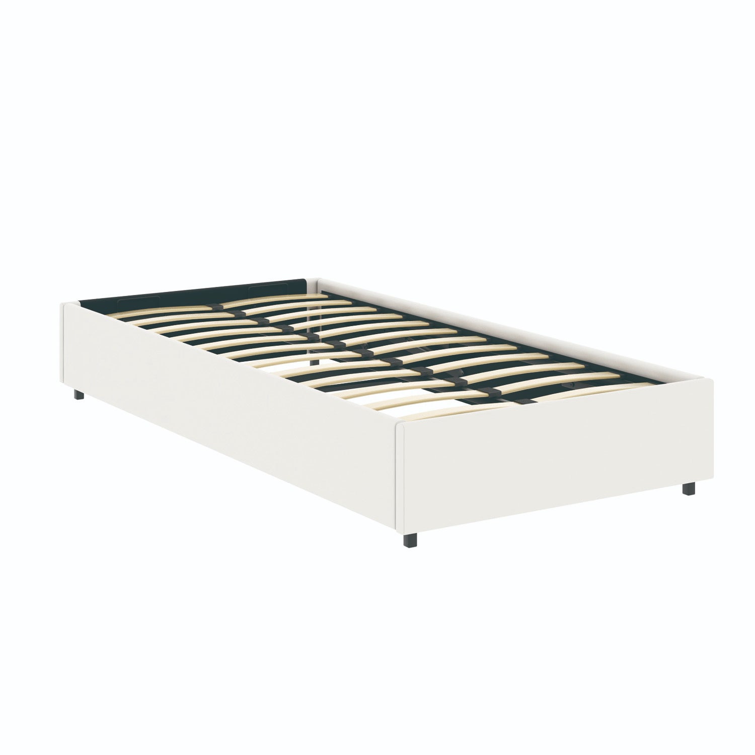 Vue de 3/4 du lit coffre plateforme 90x190 cm PU blanc LANCE