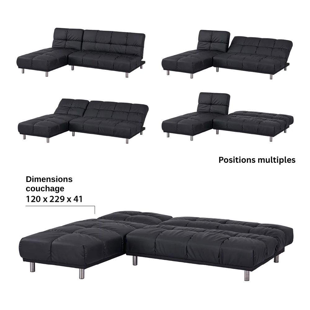 Hoekbank voor 2 personen + omkeerbare chaise longue links/rechts voor extra slaapruimte, afmeting 120 x 229 cm, in zwart PU - MELLOW